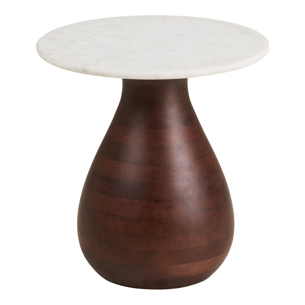 Table d'appoint Heide socle manguier brun plateau marbre blanc Ø40 vue de face