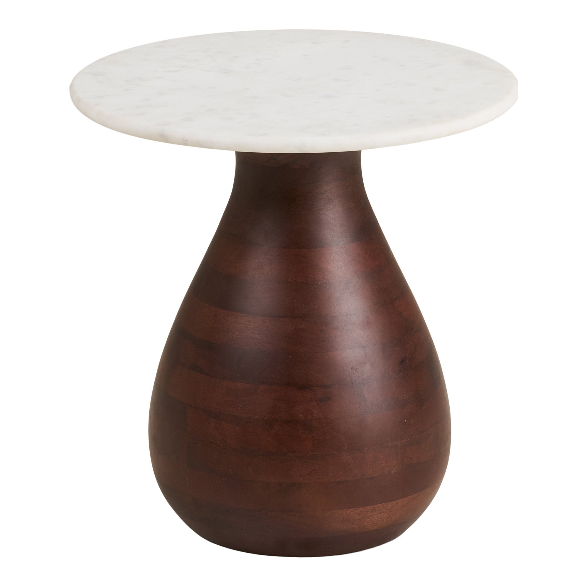 Table d'appoint Heide socle manguier brun plateau marbre blanc Ø40 vue de face
