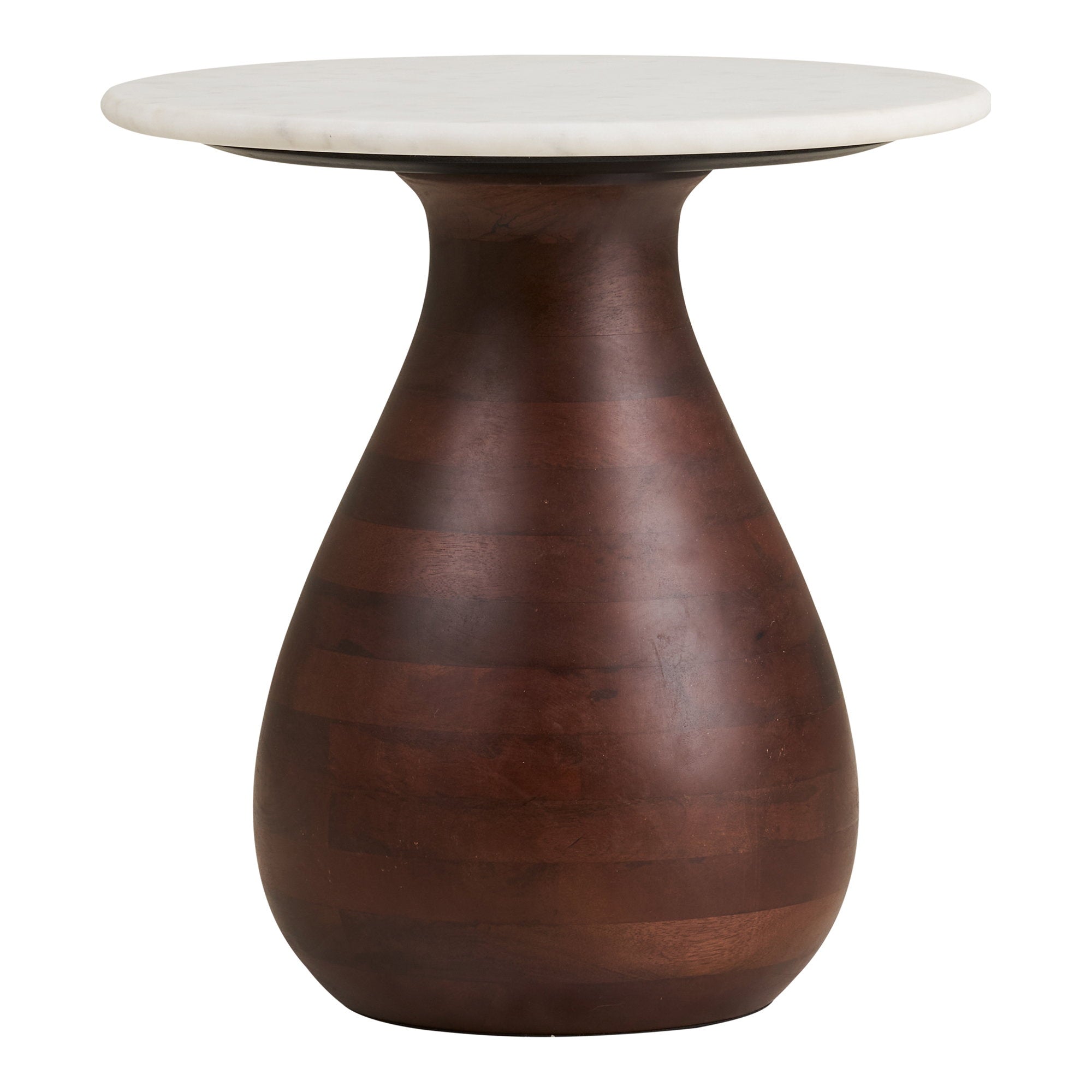 Table d'appoint Heide manguier tourné brun marbre blanc vue trois quarts