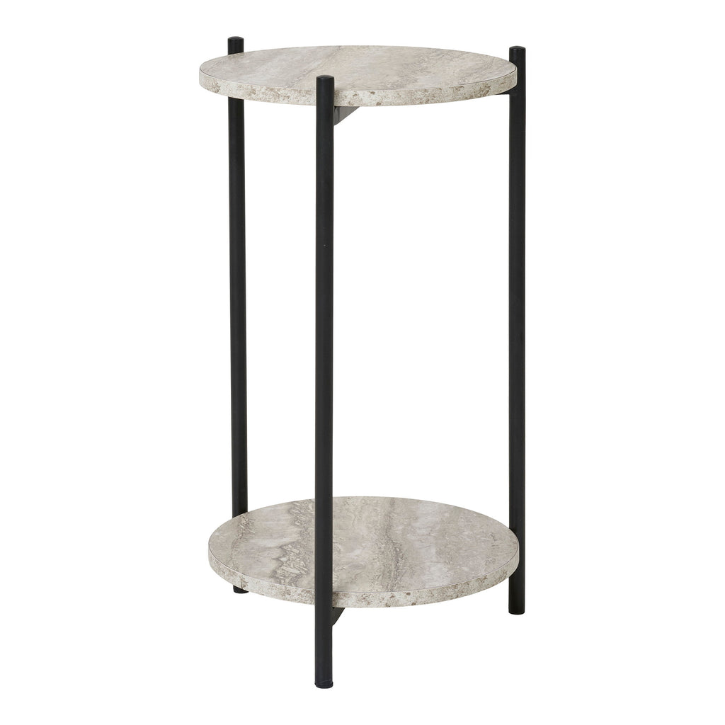 Table d'appoint Leuven travertin beige vue de côté deux niveaux structure métal noir