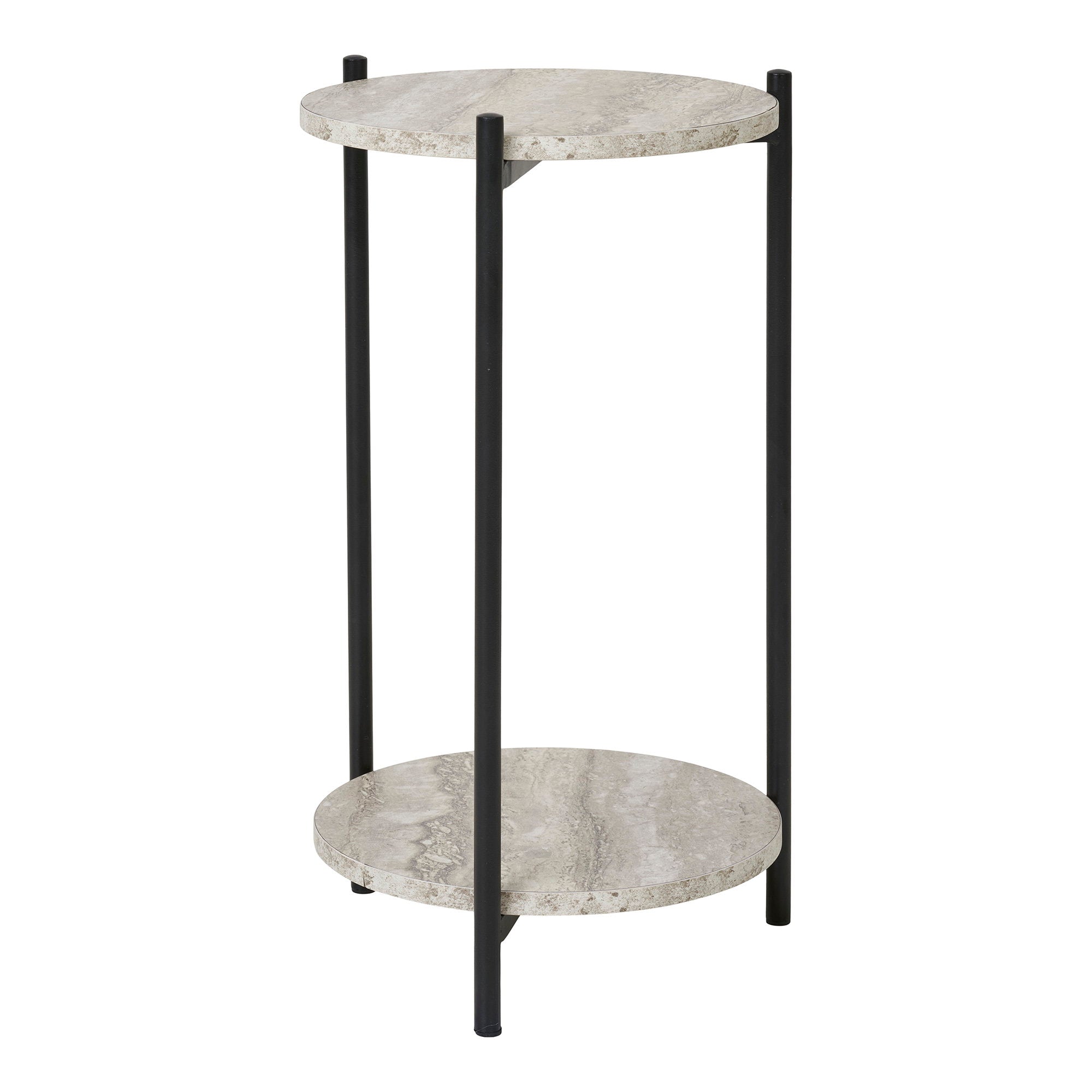 Table d'appoint Leuven travertin beige vue de côté deux niveaux structure métal noir