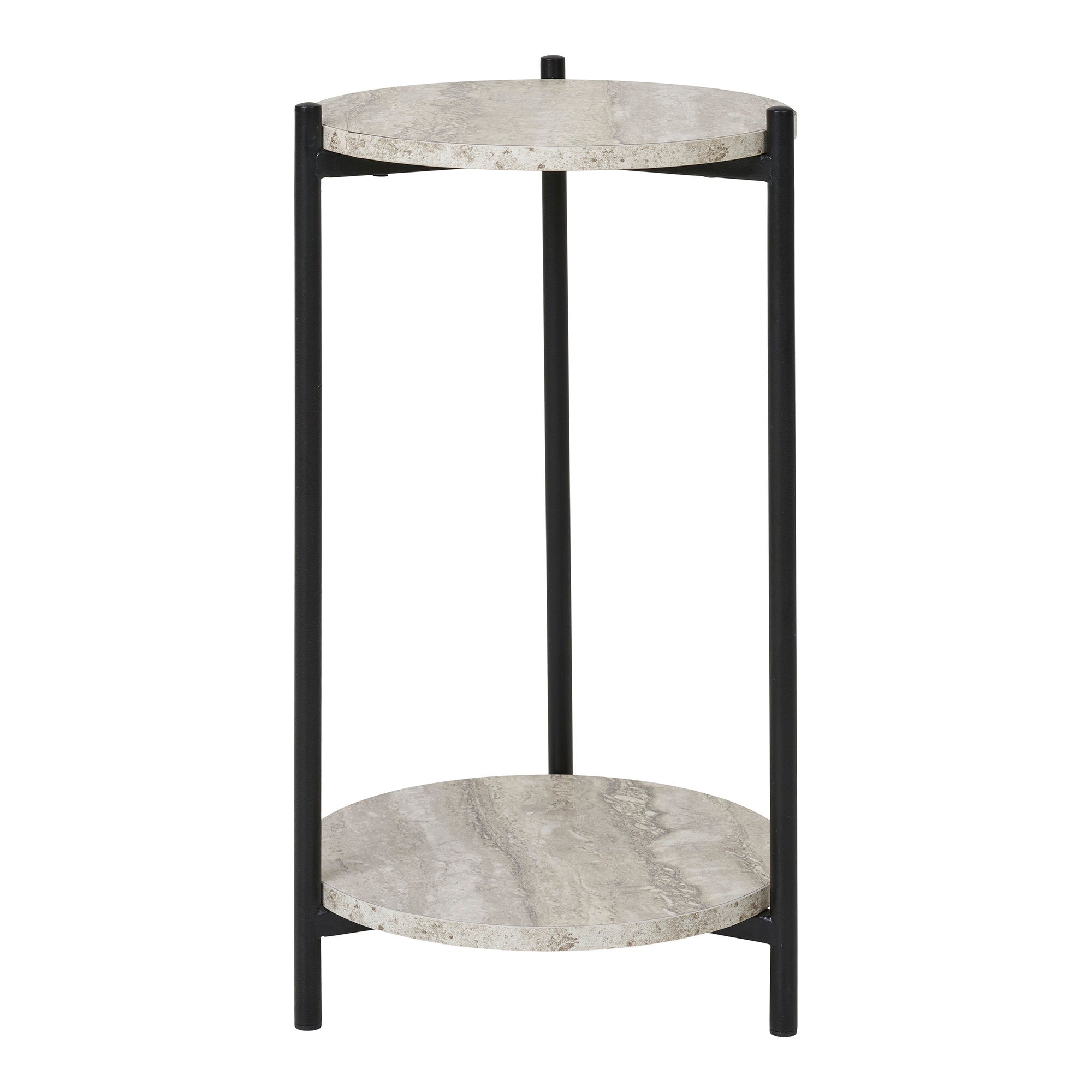 Table d'appoint Leuven 2 plateaux effet travertin beige ø27x46 cm pieds métal noir vue face