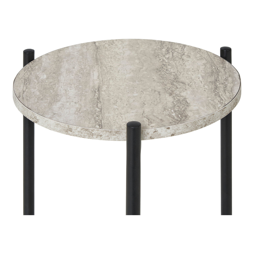 Table d'appoint Leuven détail plateau supérieur effet travertin beige texture calcaire