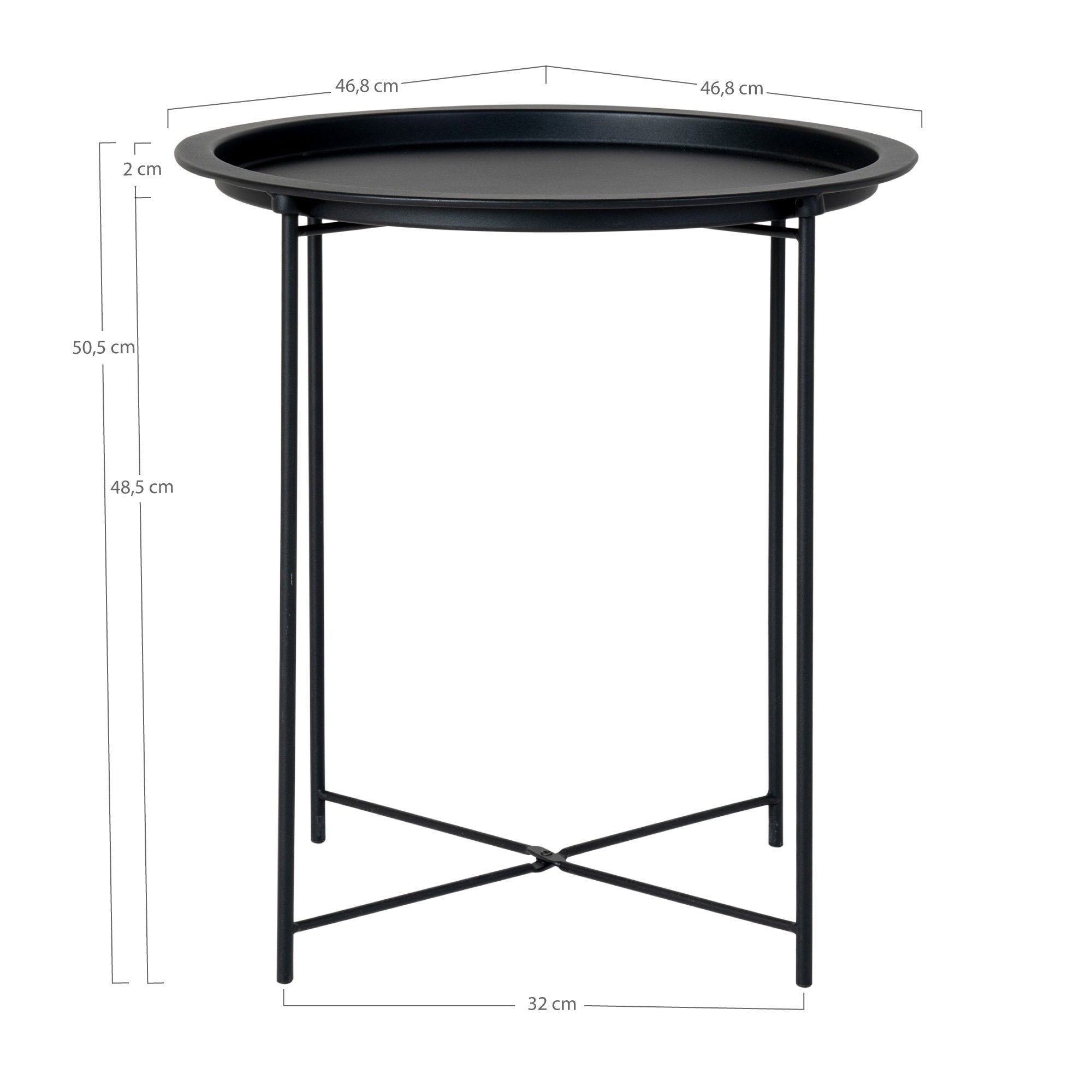 Table d'appoint Bastia noir avec cotes ø46,8 cm hauteur 50,5 cm pieds en croix