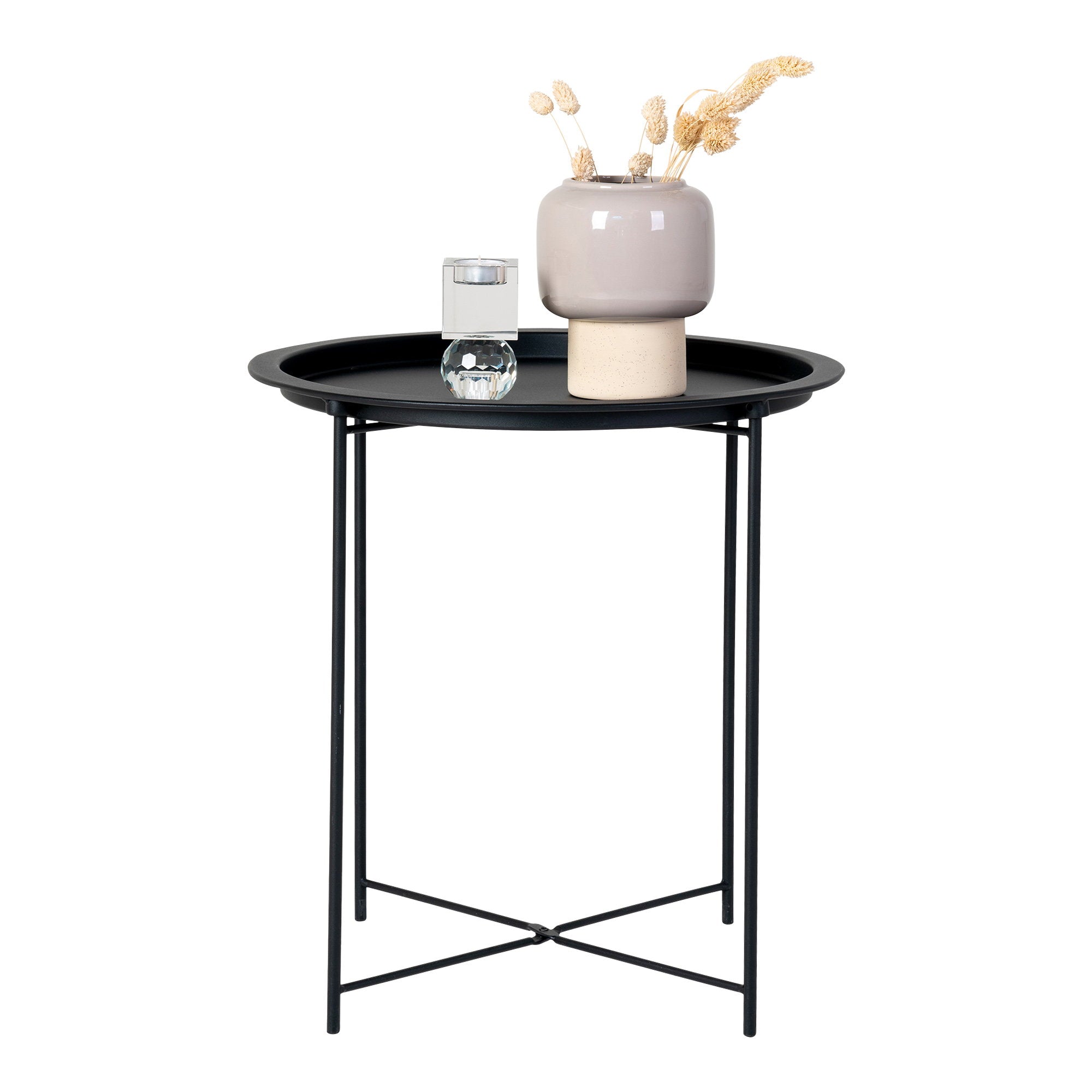Table Bastia noir plateau rond avec vase céramique et photophore décoration