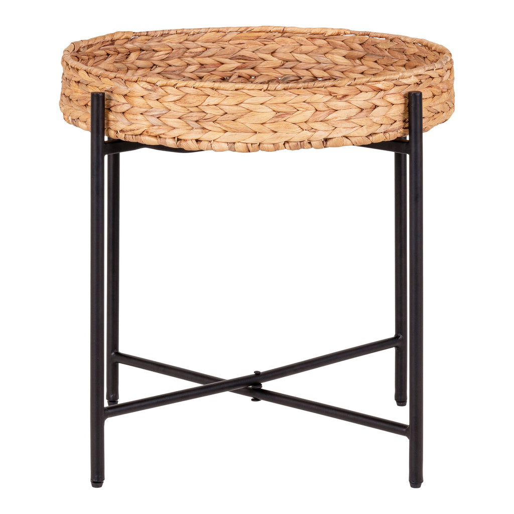 Table d'appoint Naro plateau jacinthe eau tressée châssis métal noir vue de face Ø50 cm