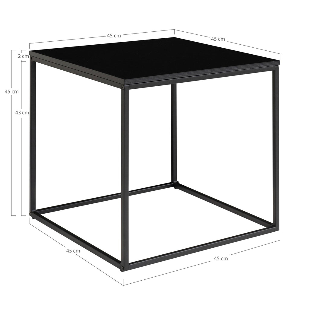 Table d'appoint Vita noire avec cotes 45x45x45 cm cadre métal tubulaire fond blanc