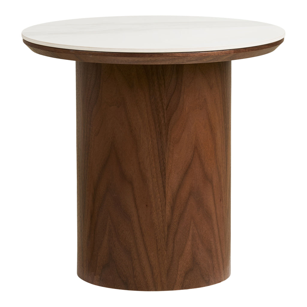Table d'appoint Noli céramique marbre blanc fût cylindrique noyer foncé vue de face fond blanc