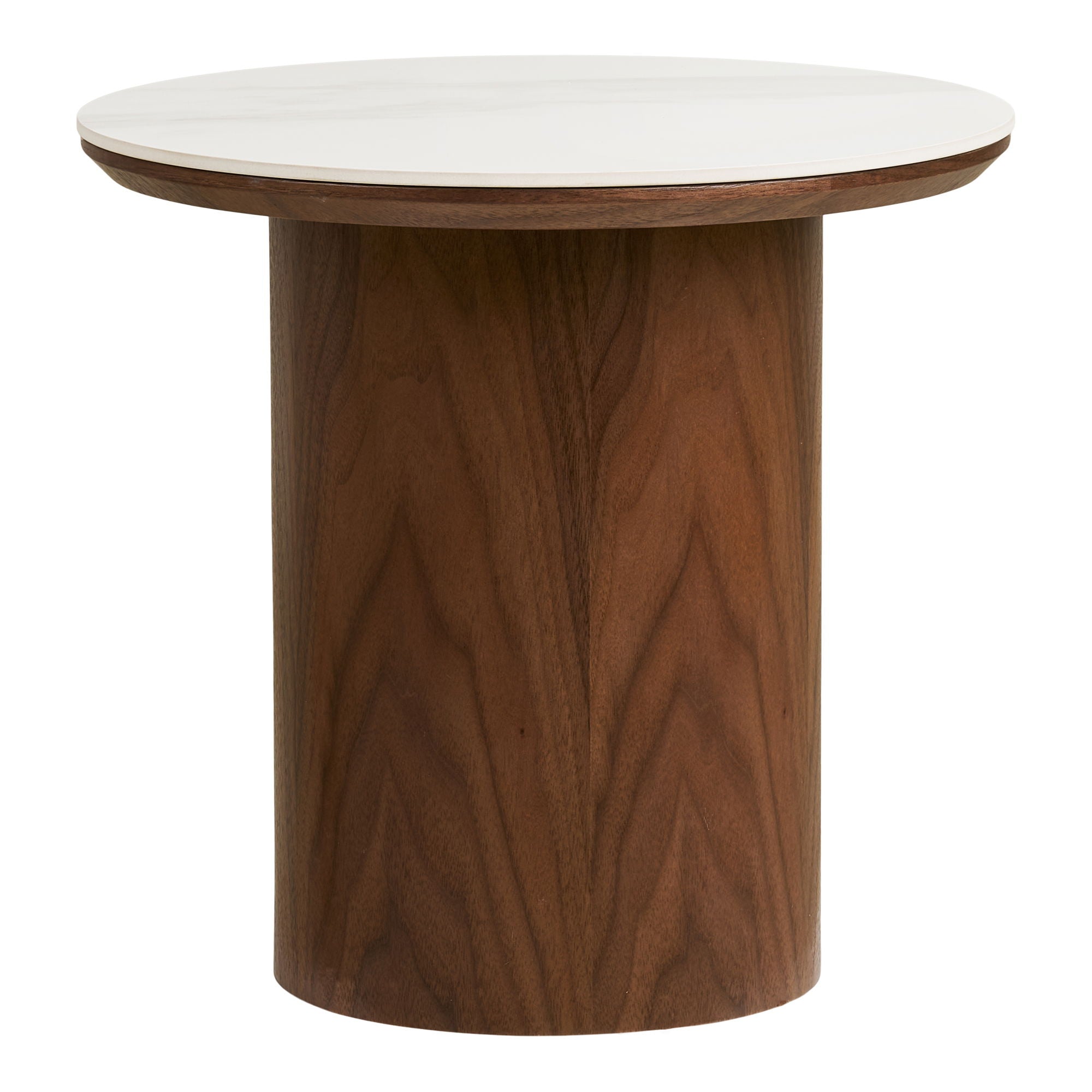 Table d'appoint Noli céramique marbre blanc fût cylindrique noyer foncé vue de face fond blanc