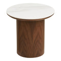 Table d'appoint Noli plateau céramique blanc veiné fût noyer foncé Ø40x38 cm vue de face fond blanc