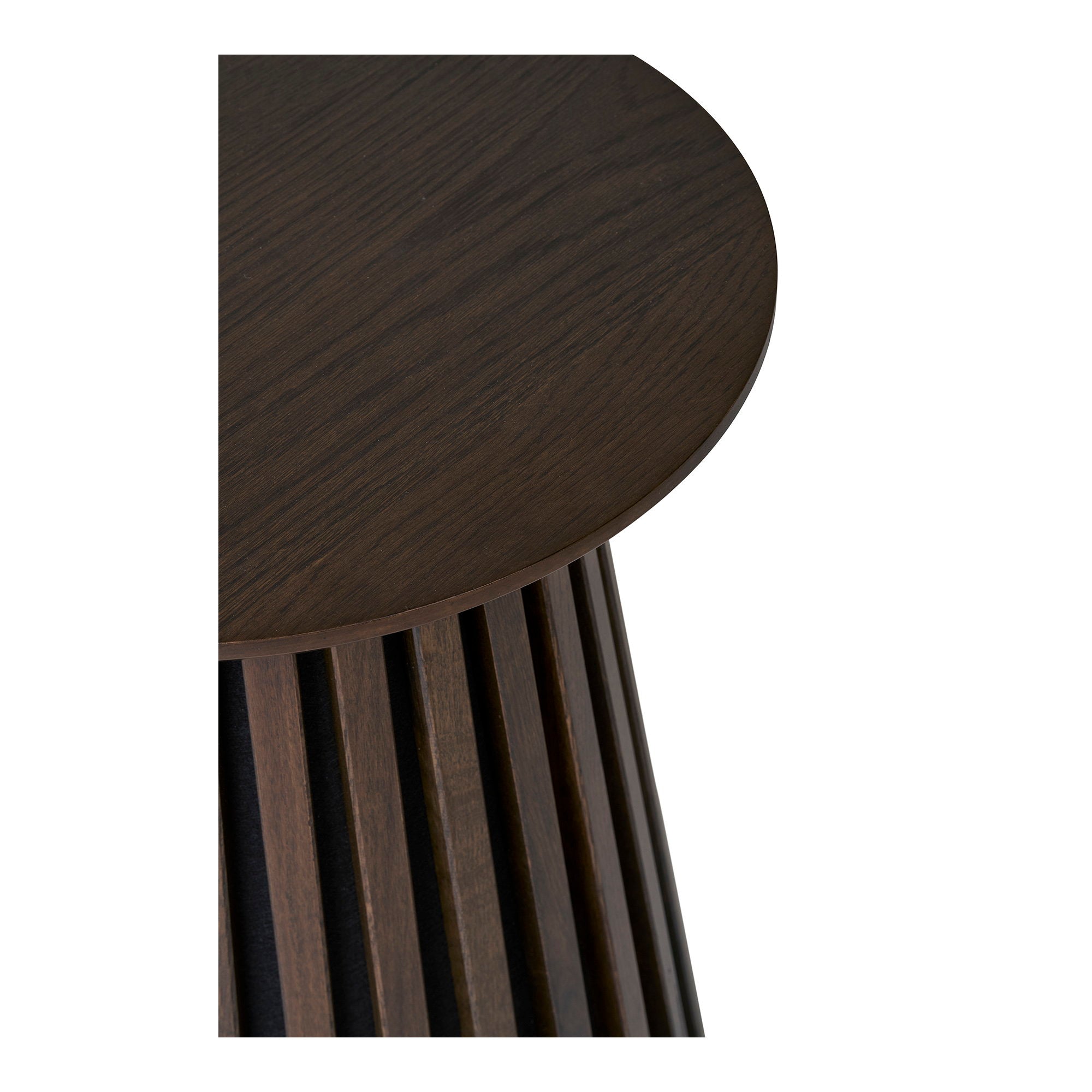 Table d'appoint Osaka chêne fumé détail jonction plateau et base lattes brun chocolat