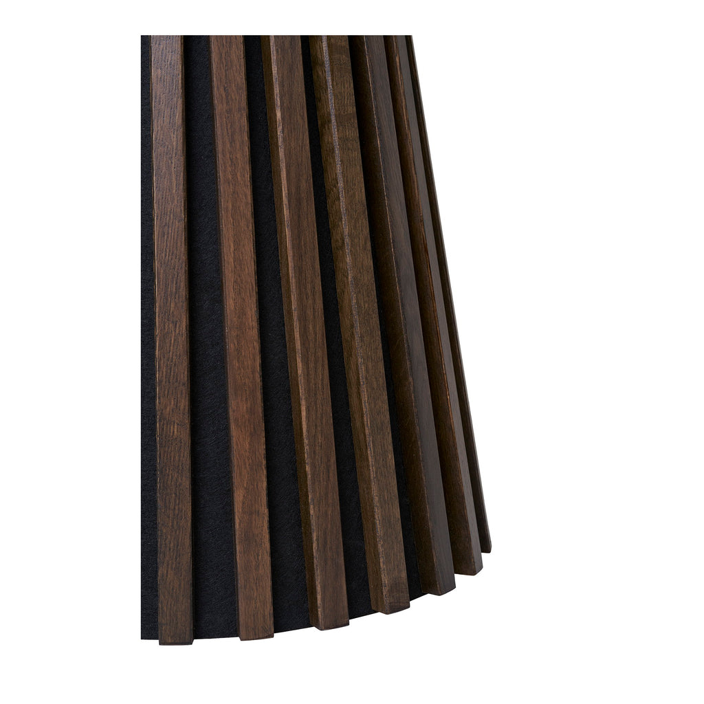 Table d'appoint Osaka chêne fumé détail base lattes rayonnantes jeu ombres lumières