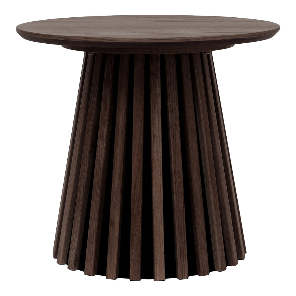 Table d'appoint Osaka chêne fumé piétement lattes rayonnantes brun profond fond blanc