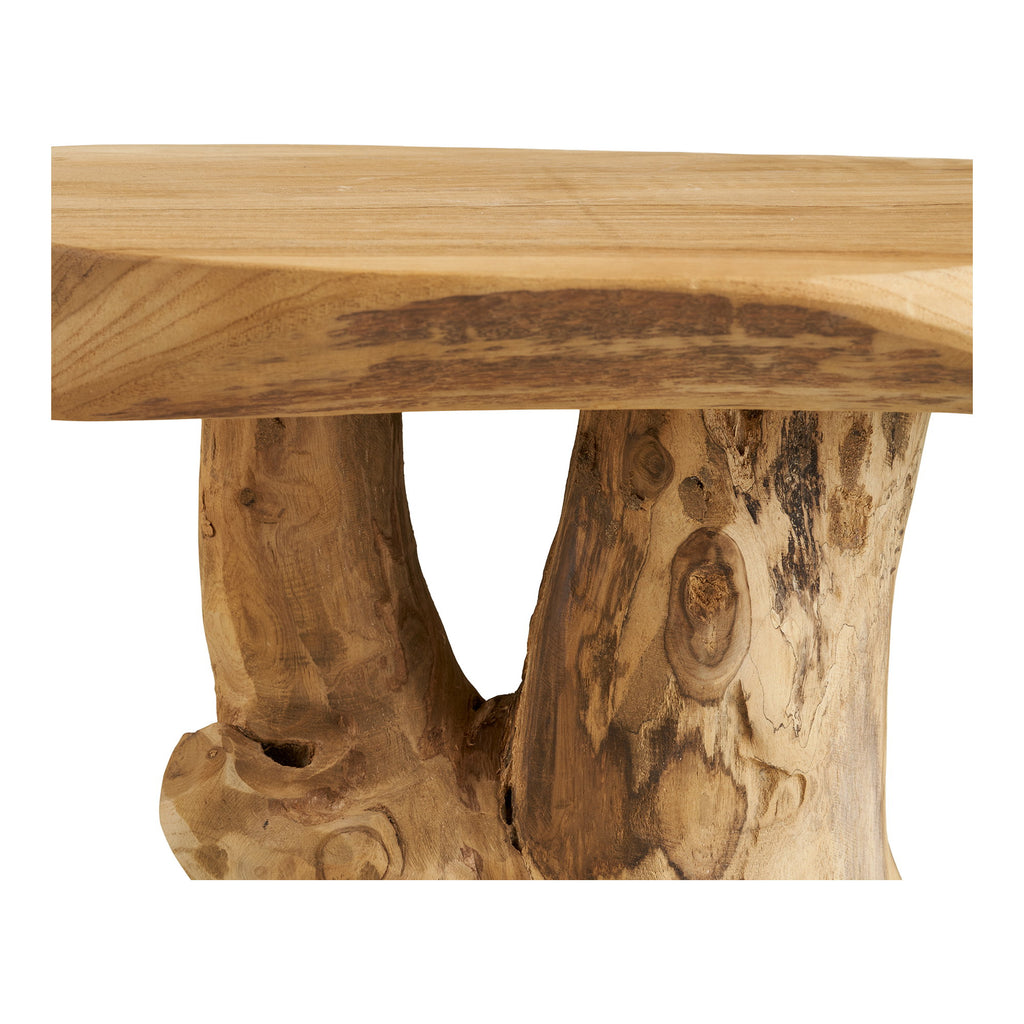 Table Palena teck massif détail plateau sculpté grain bois naturel gros plan