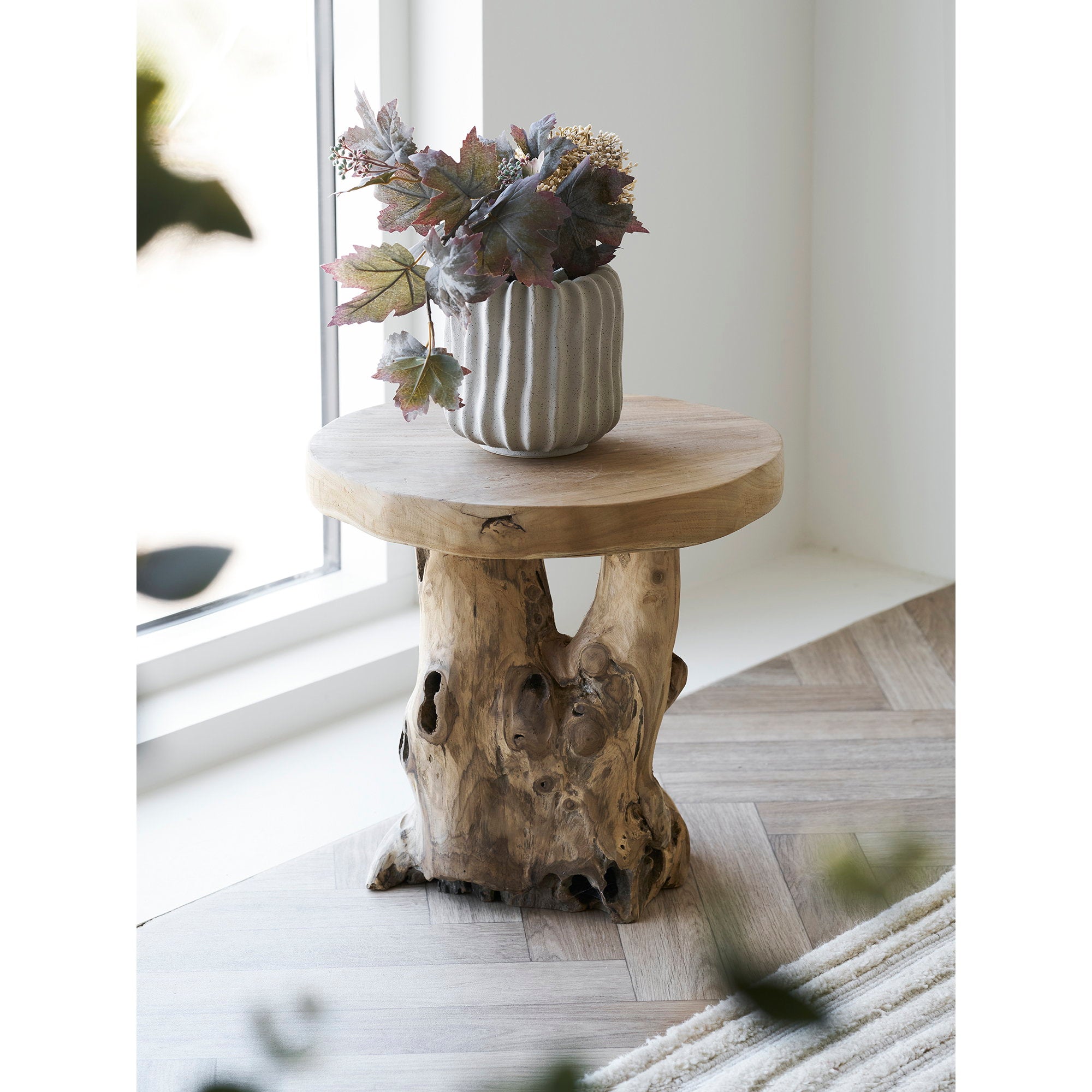 Table Palena teck racine naturelle nœuds cavités vue trois quarts arrière