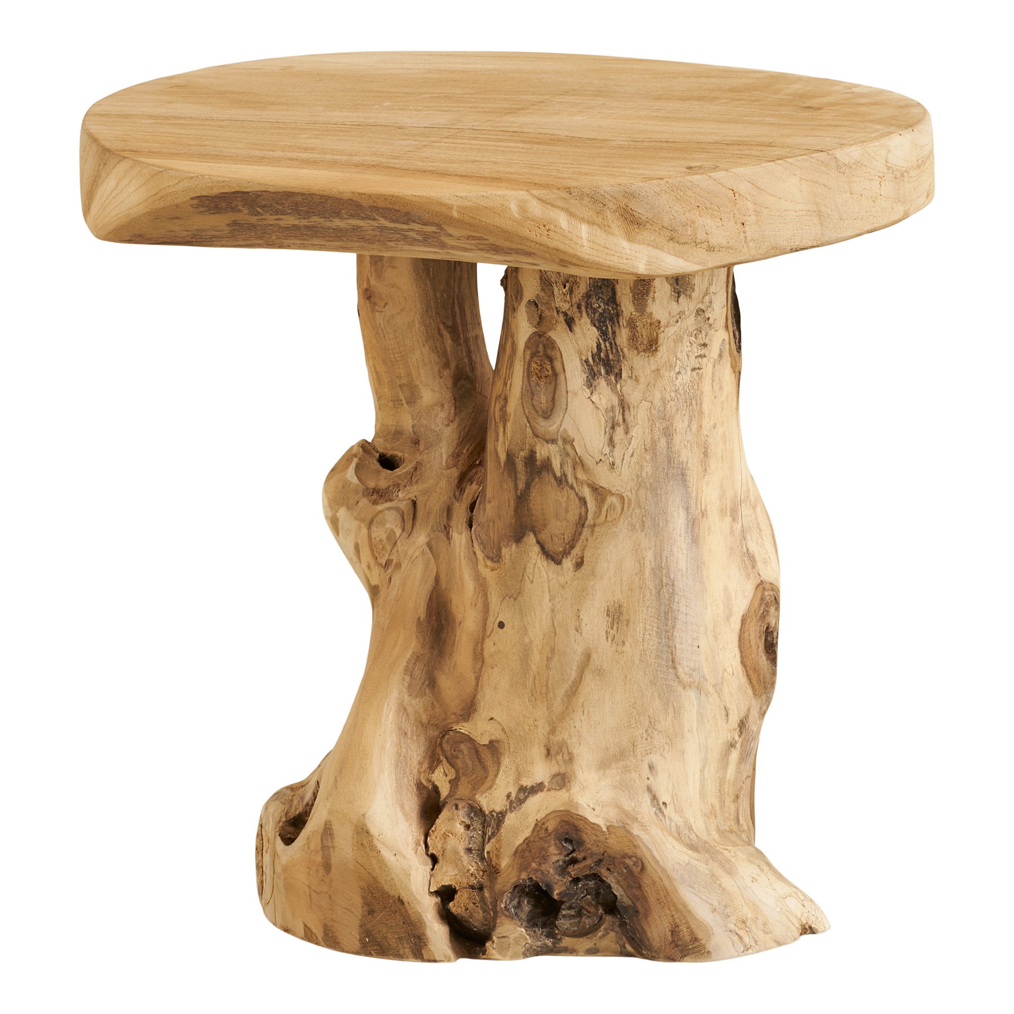 Table Palena teck massif racine sculpturale vue trois quarts