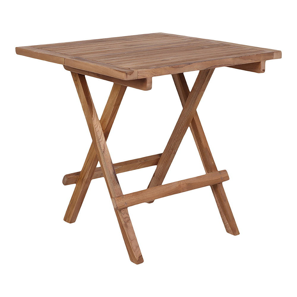 Table d'appoint pliante Bilbao en teck naturel vue 3/4, plateau carré lattes ajourées