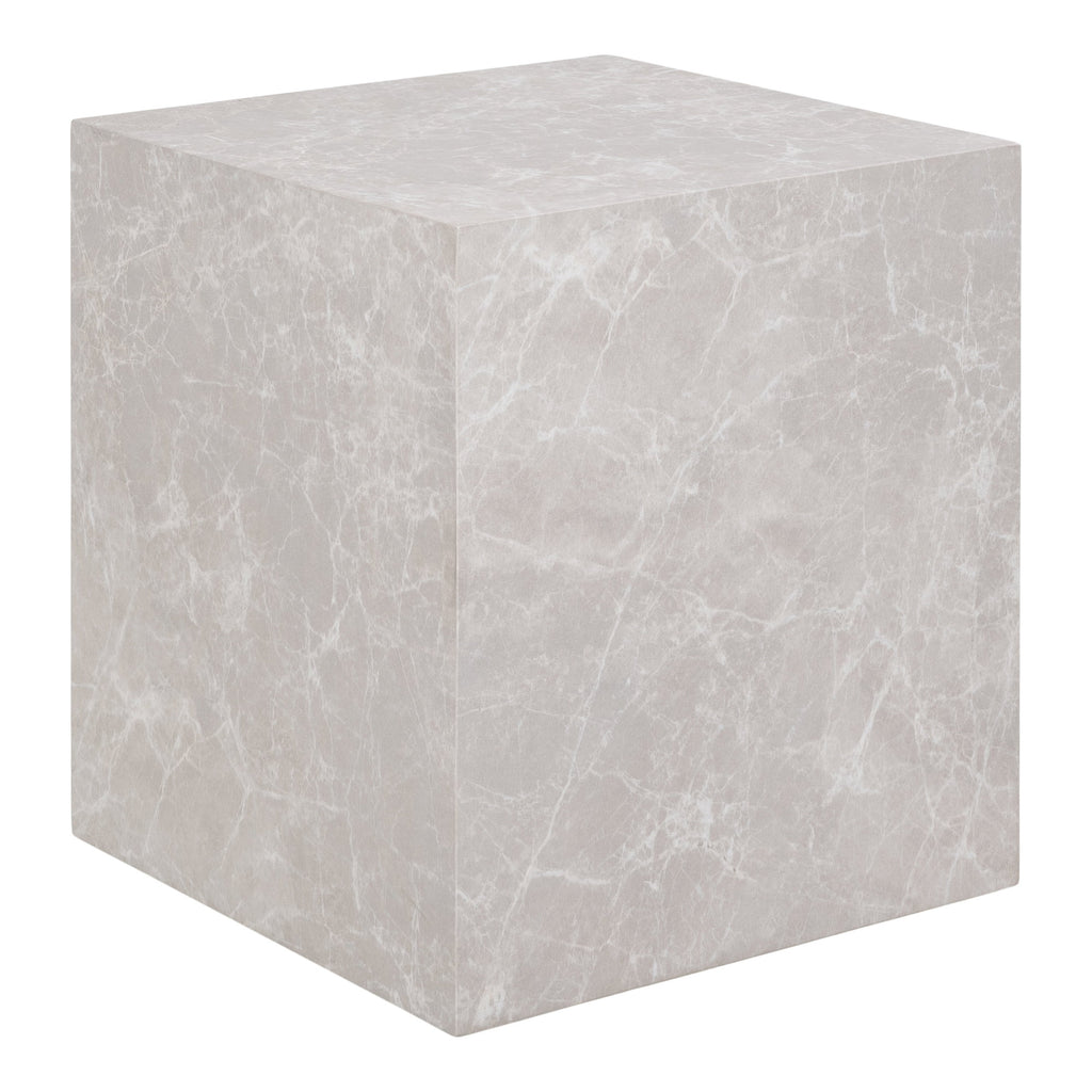 Table d'appoint Prague effet marbre beige 40x40x45 cm bloc monolithe vue trois quarts