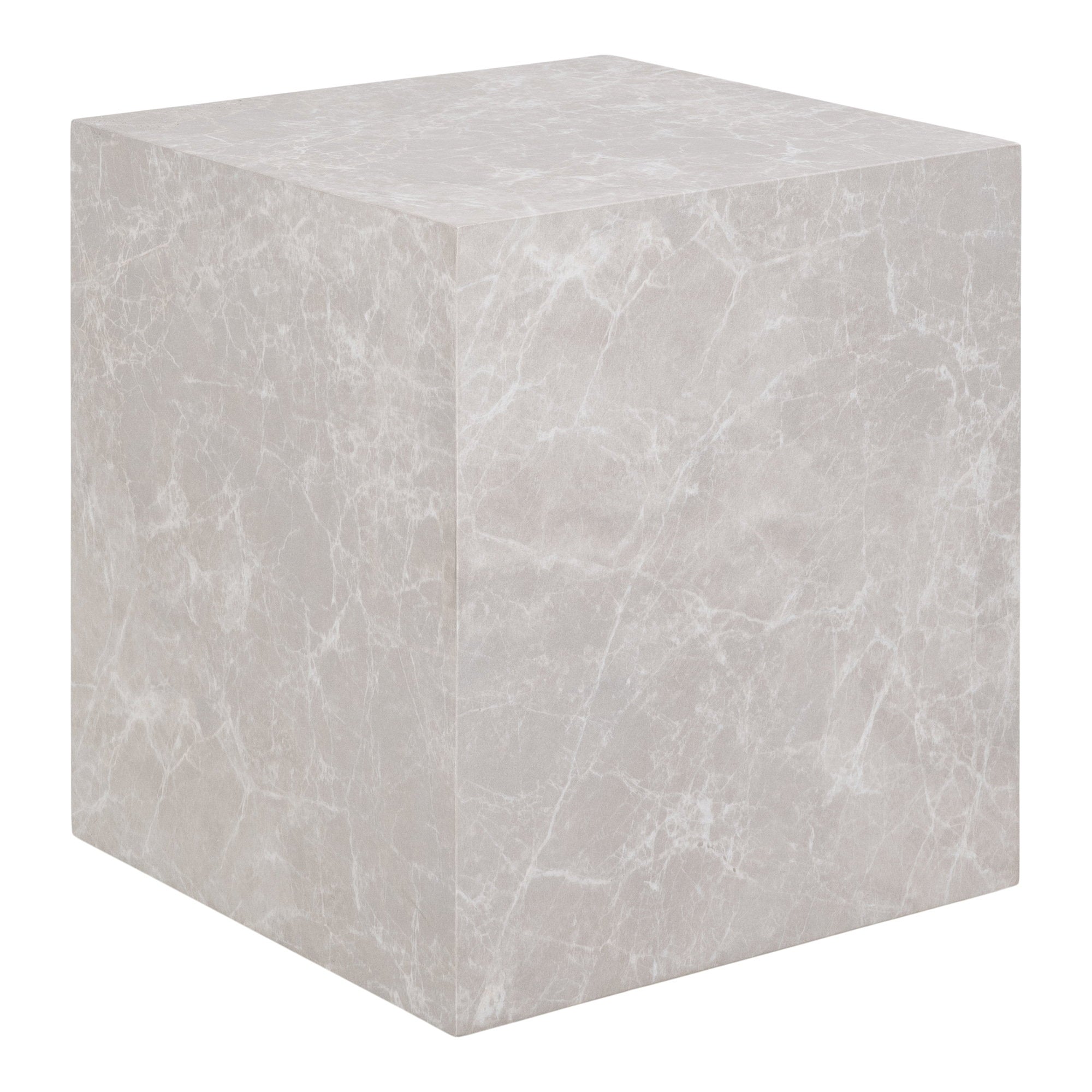 Table d'appoint Prague effet marbre beige 40x40x45 cm bloc monolithe vue trois quarts