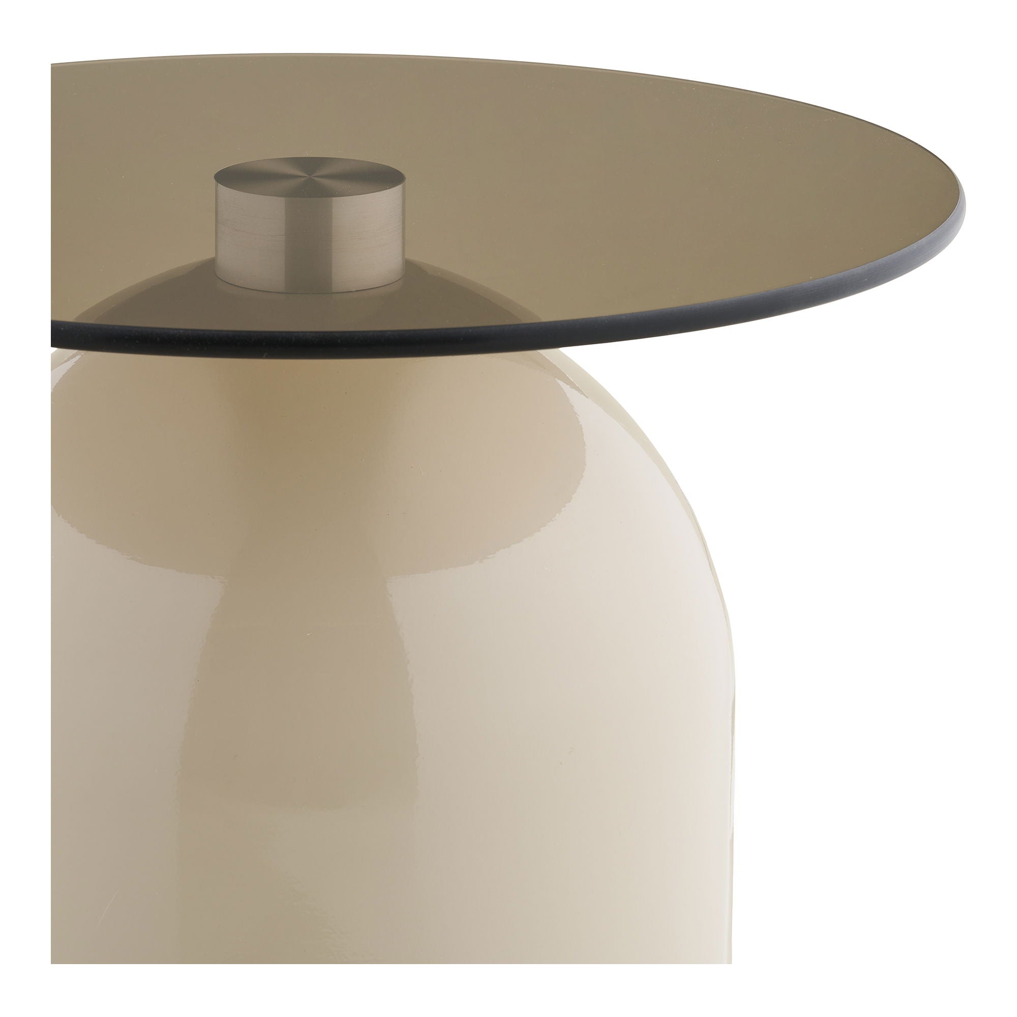Détail plateau verre trempé fumé connecteur métal brossé table Ravello beige
