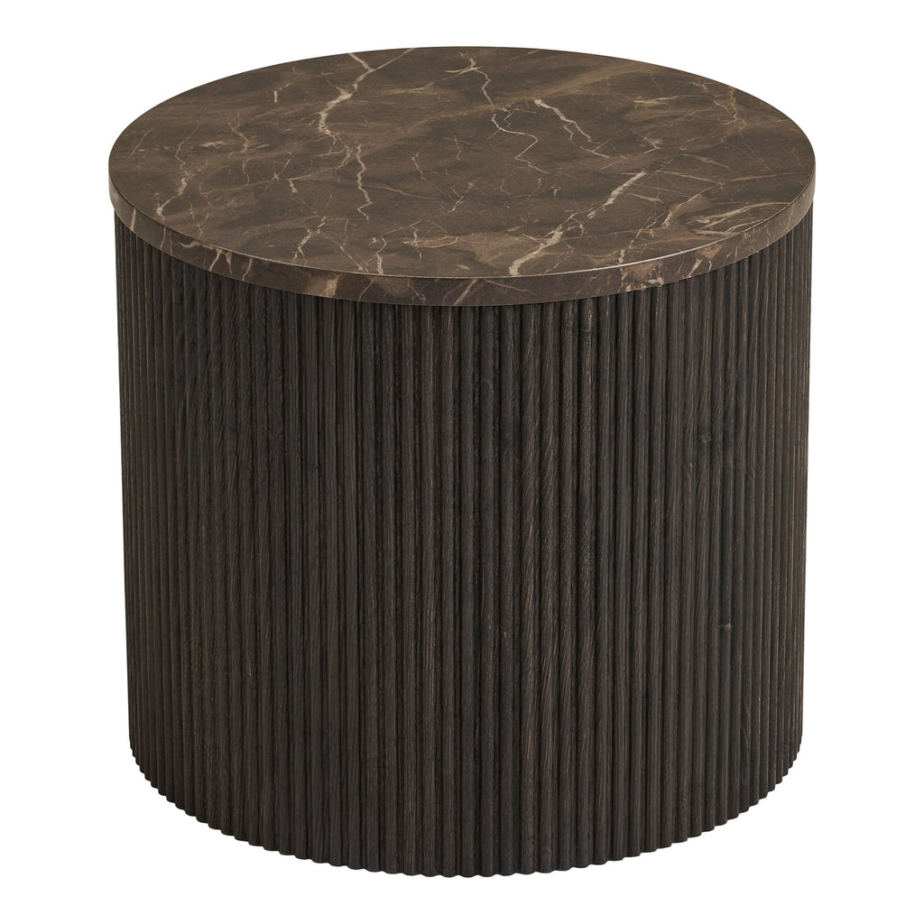 Table d'appoint Rota effet marbre brun cylindre cannelé noir vue de face Ø45 cm