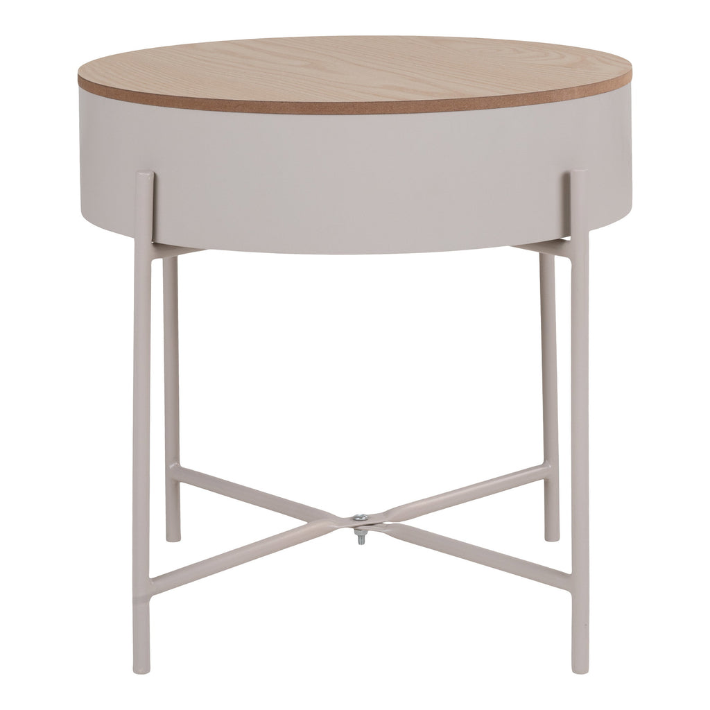 Table d'appoint Sisco acier beige plateau chêne amovible rangement caché Ø40x40 cm face