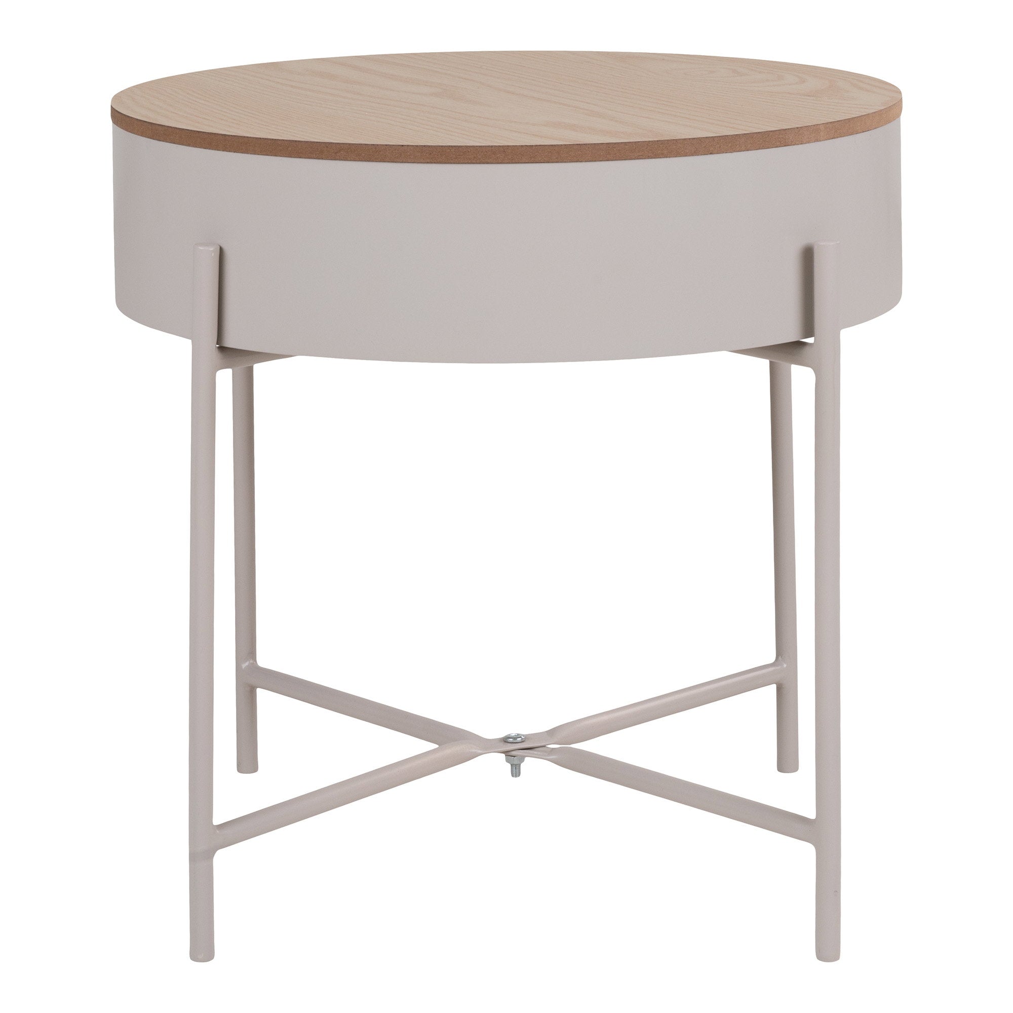 Table d'appoint Sisco acier beige plateau chêne amovible rangement caché Ø40x40 cm face