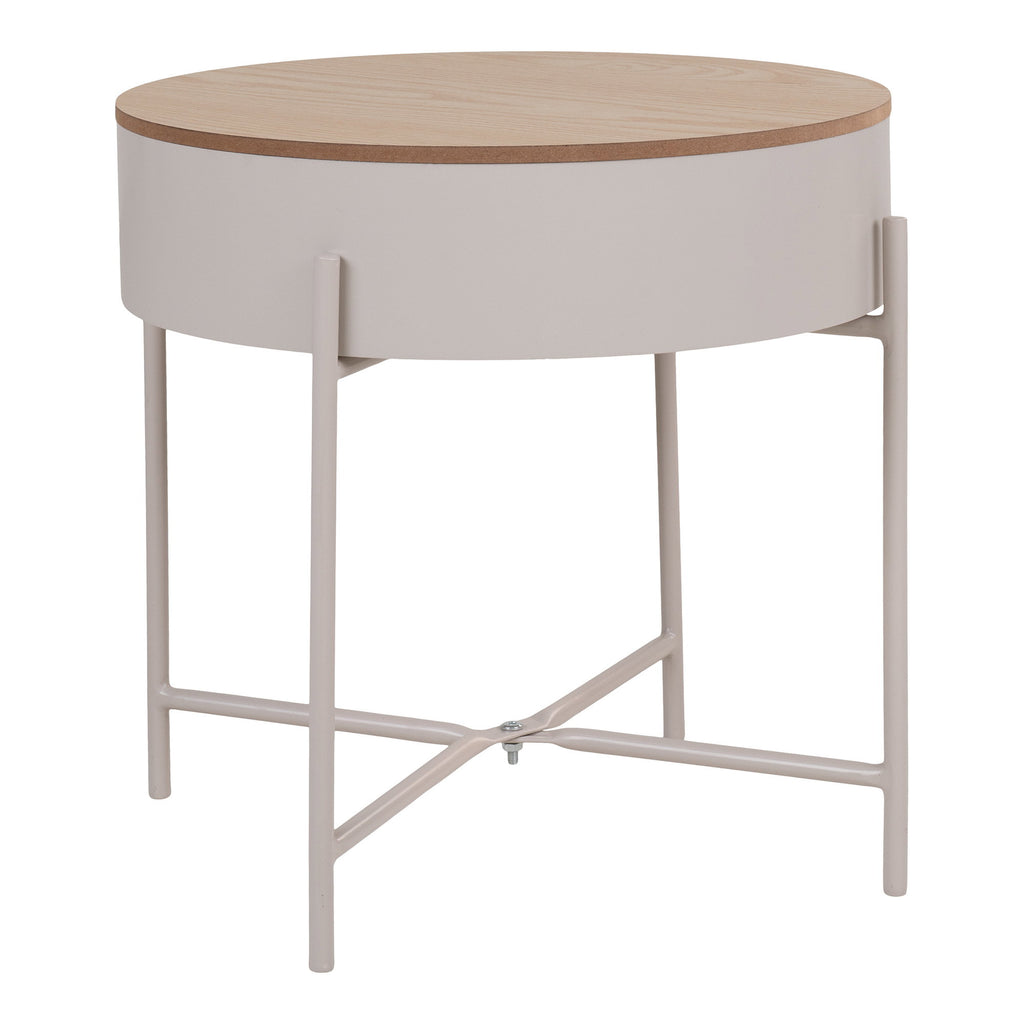 Table Sisco acier beige plateau chêne naturel vue trois quarts arrière pieds croisillon
