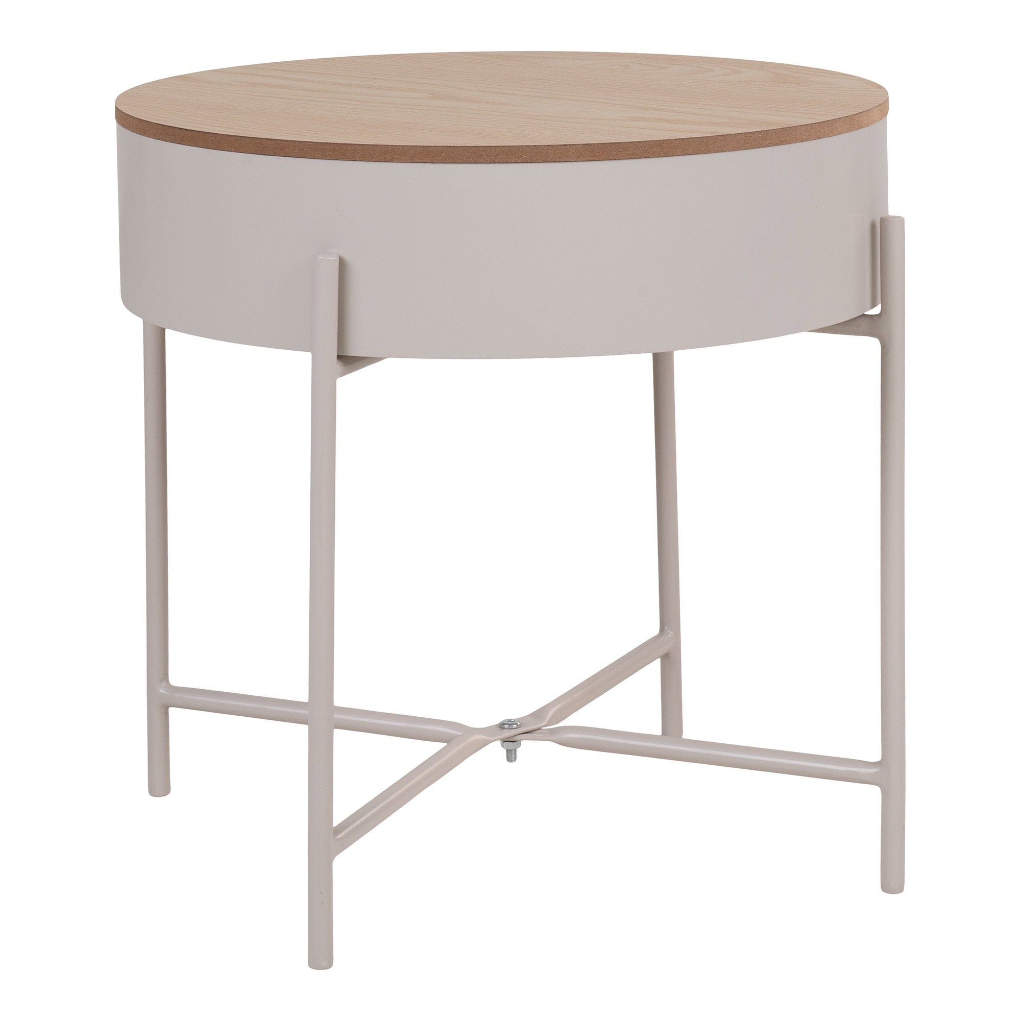 Table Sisco acier beige plateau chêne naturel vue trois quarts arrière pieds croisillon