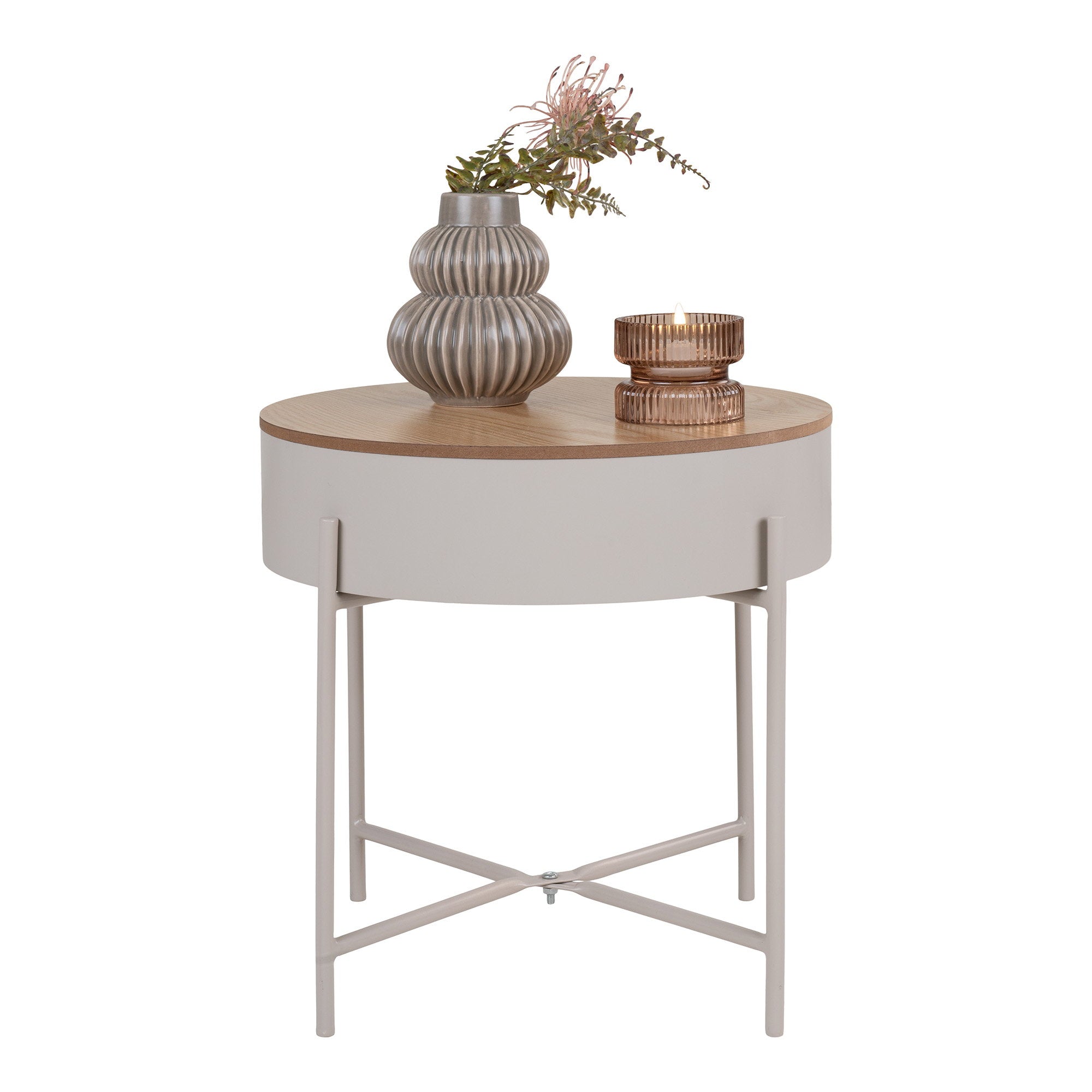 Table d'appoint Sisco beige chêne avec vase céramique et photophore ambiance décoration