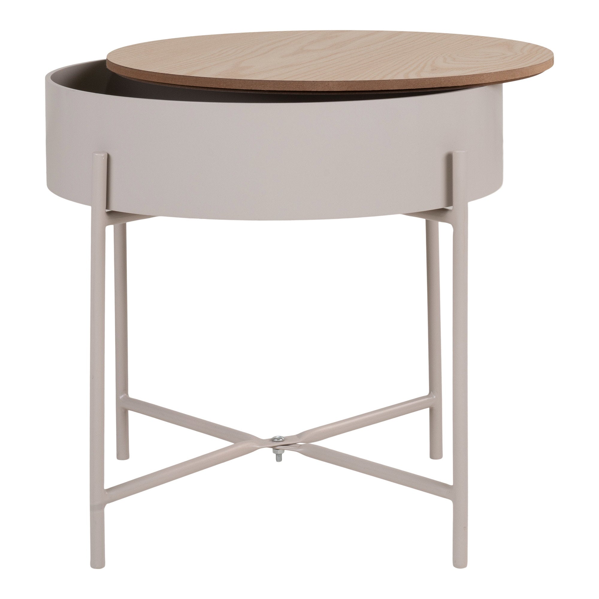 Table d'appoint Sisco plateau chêne entrebâillé révélant compartiment de rangement intérieur