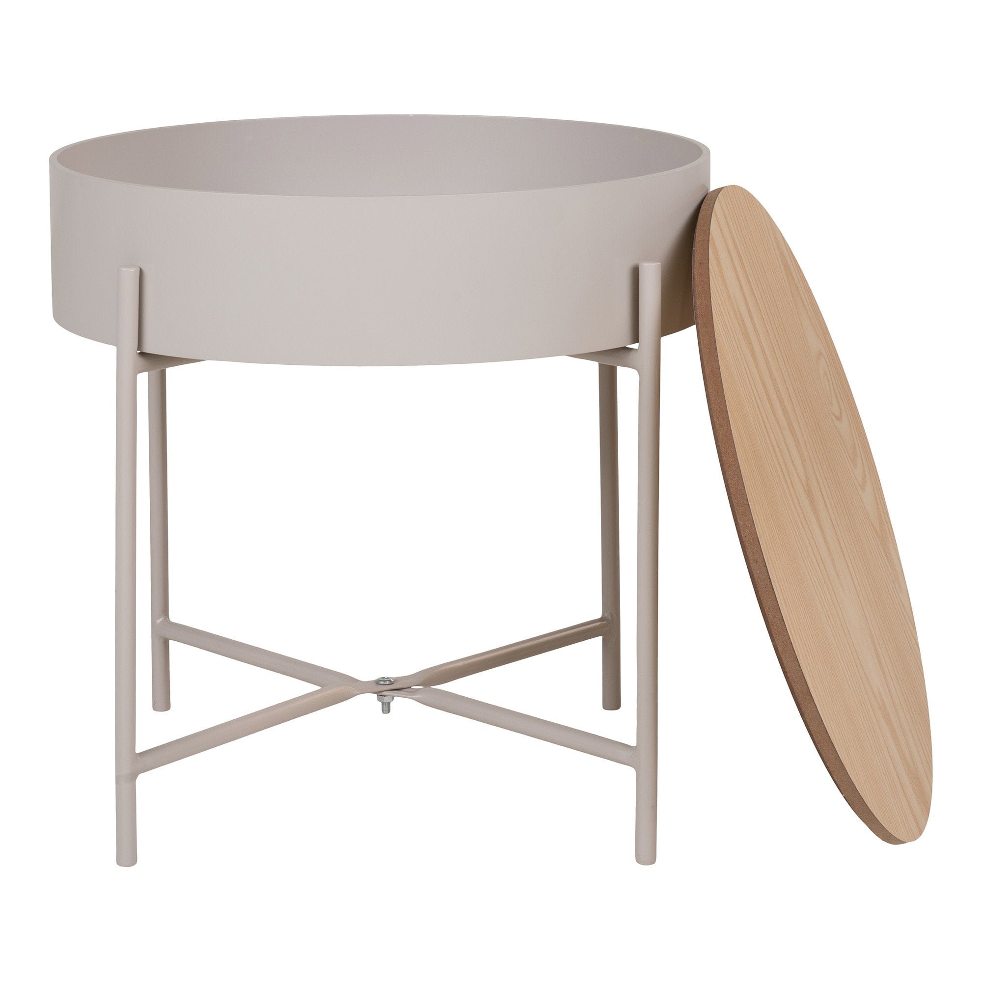 Table Sisco beige plateau chêne retiré compartiment rangement cylindrique intérieur visible