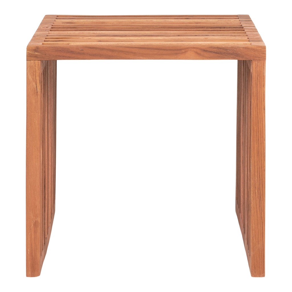 Table d'appoint Pego teck naturel vue de face structure lames verticales ajourées