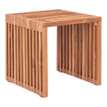 Table Pego teck massif naturel vue trois quarts lames et plateau claire-voie