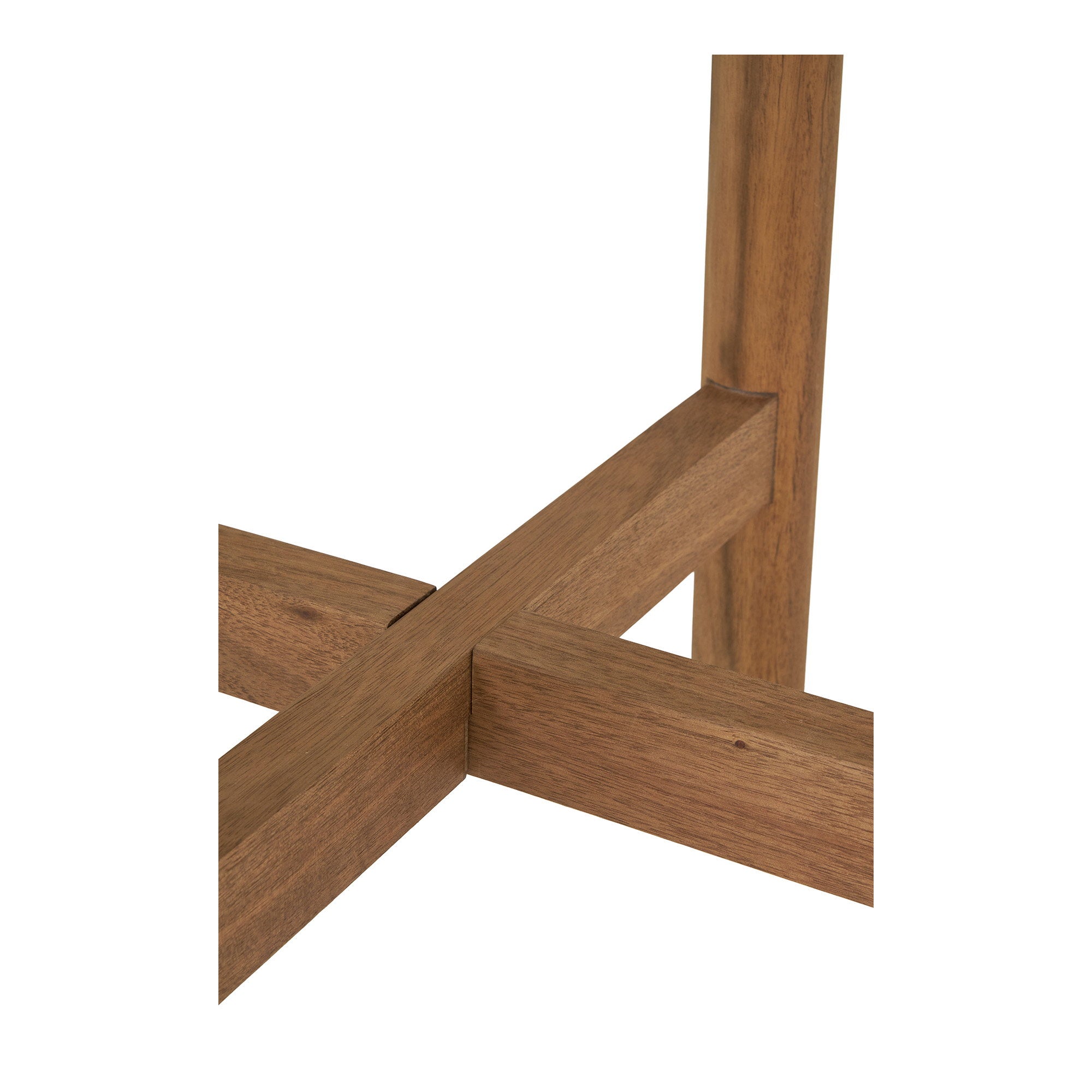 Gros plan entretoise croix bois acacia massif table d'appoint Terracina assemblage