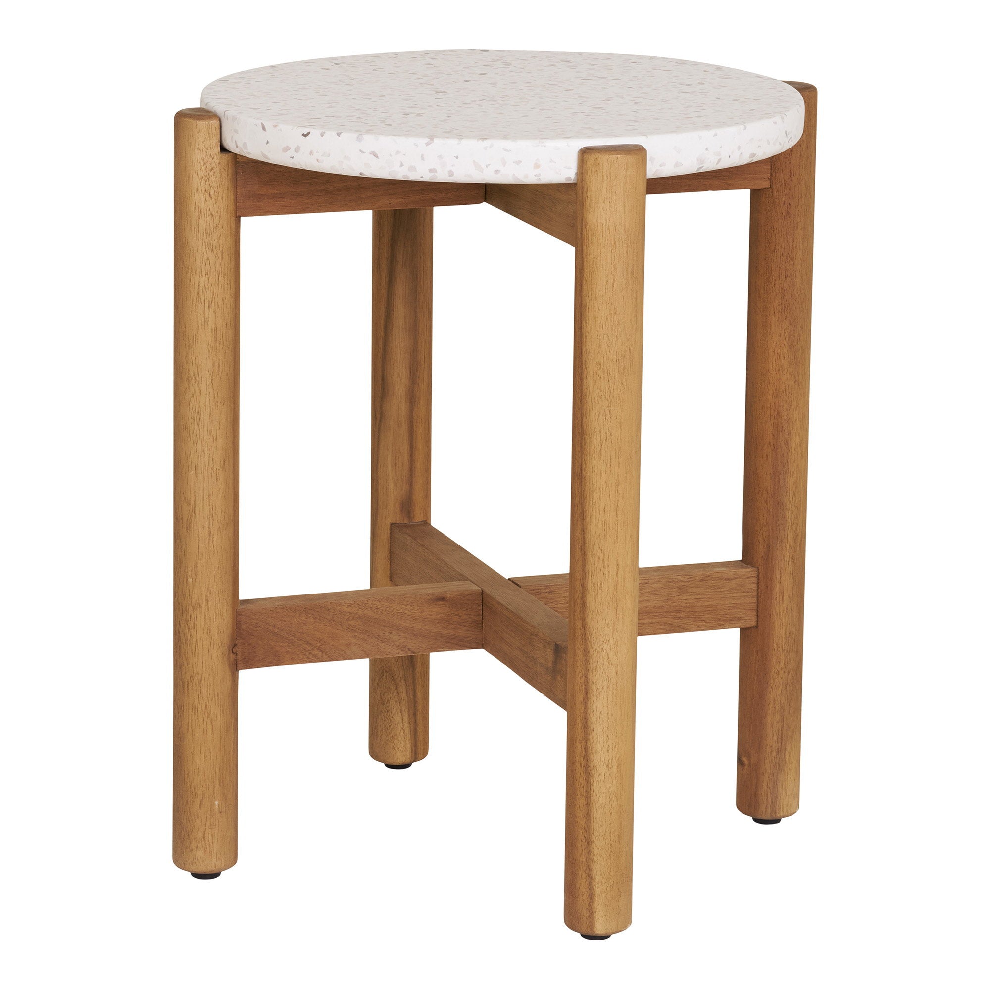Table d'appoint Terracina ronde bois acacia plateau terrazzo vue trois quarts
