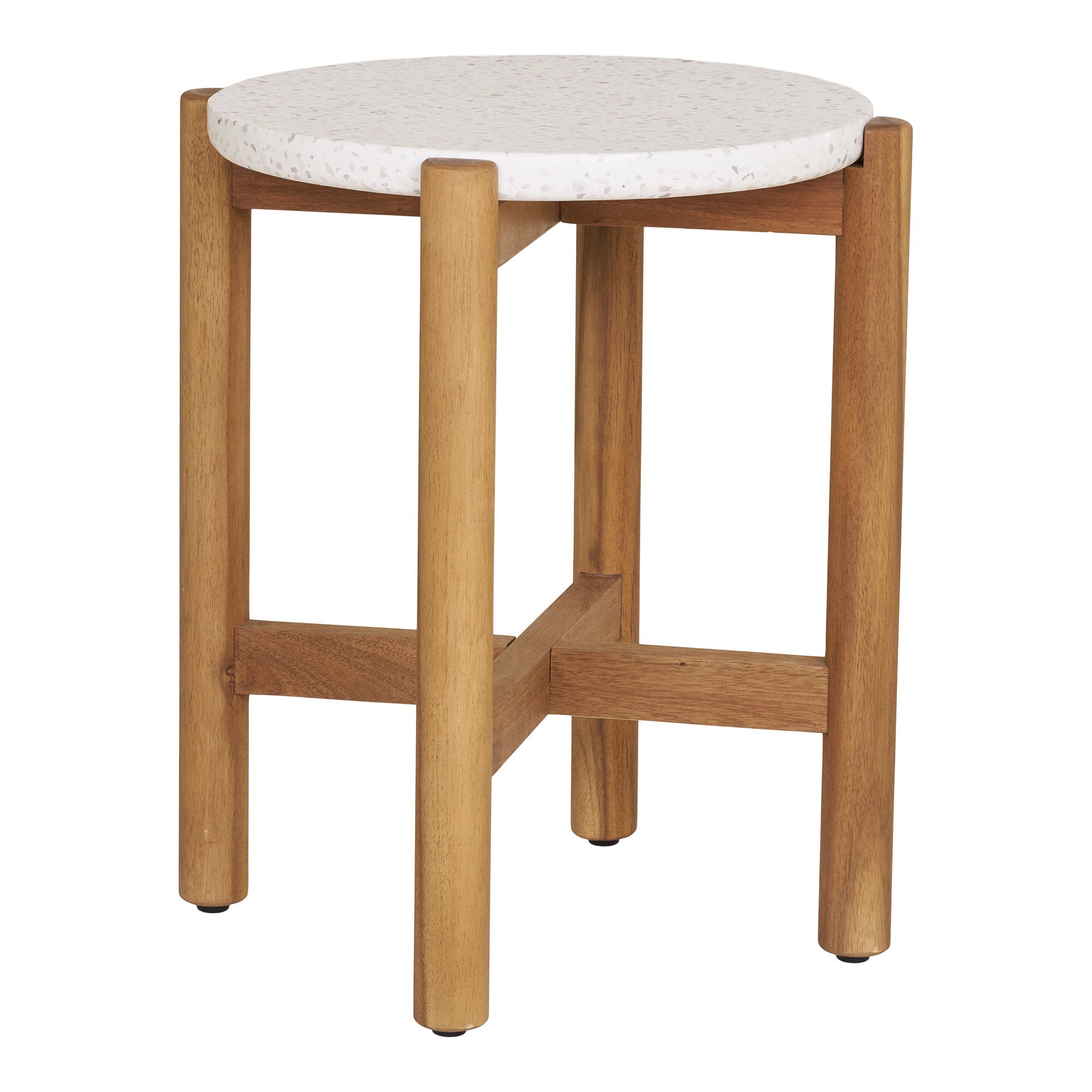 Table d'appoint ronde plateau terrazzo blanc pieds acacia naturel vue de face fond blanc
