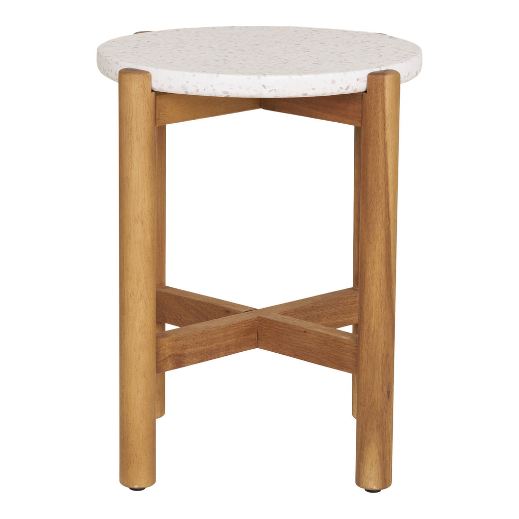 Table d'appoint Terracina terrazzo blanc piètement acacia vue de profil fond blanc