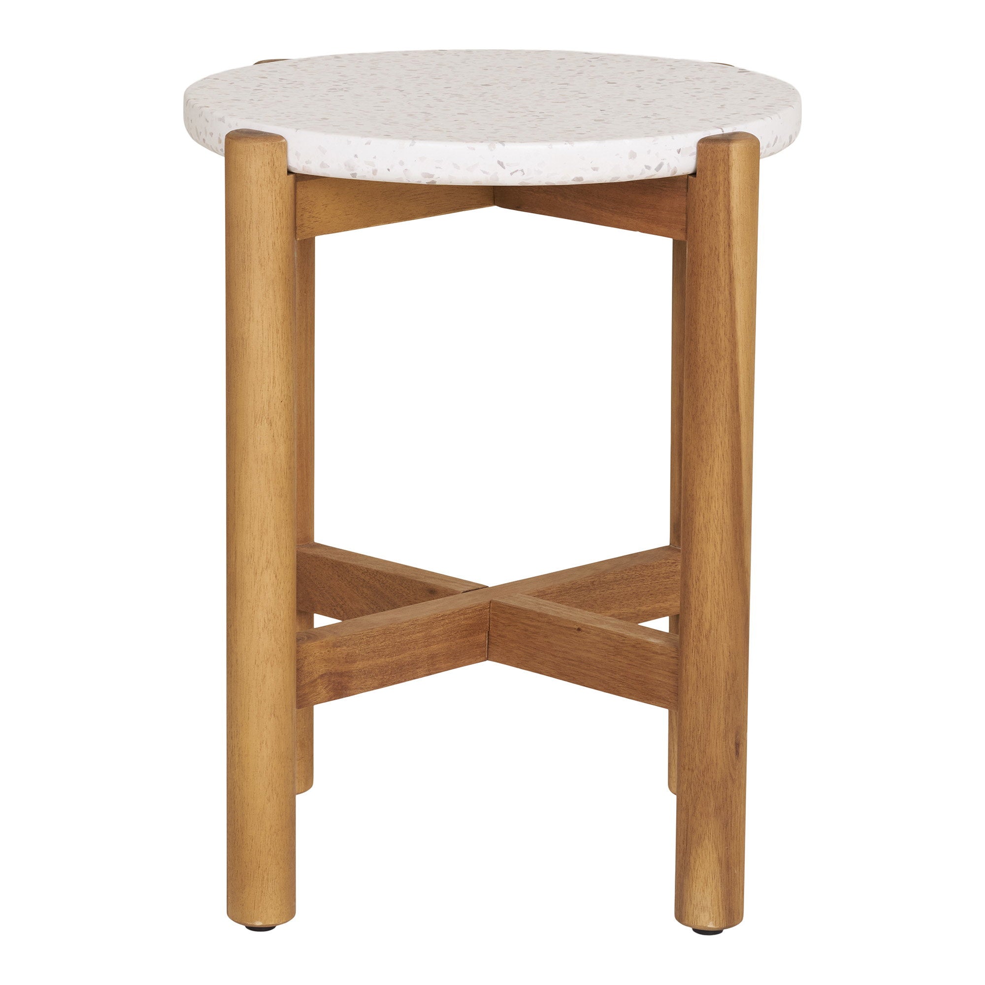 Table d'appoint Terracina terrazzo blanc piètement acacia vue de profil fond blanc