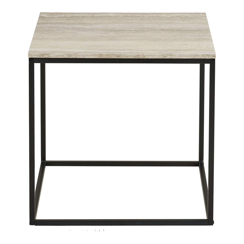 Table d'appoint Vita effet travertin cadre acier noir mat vue de face