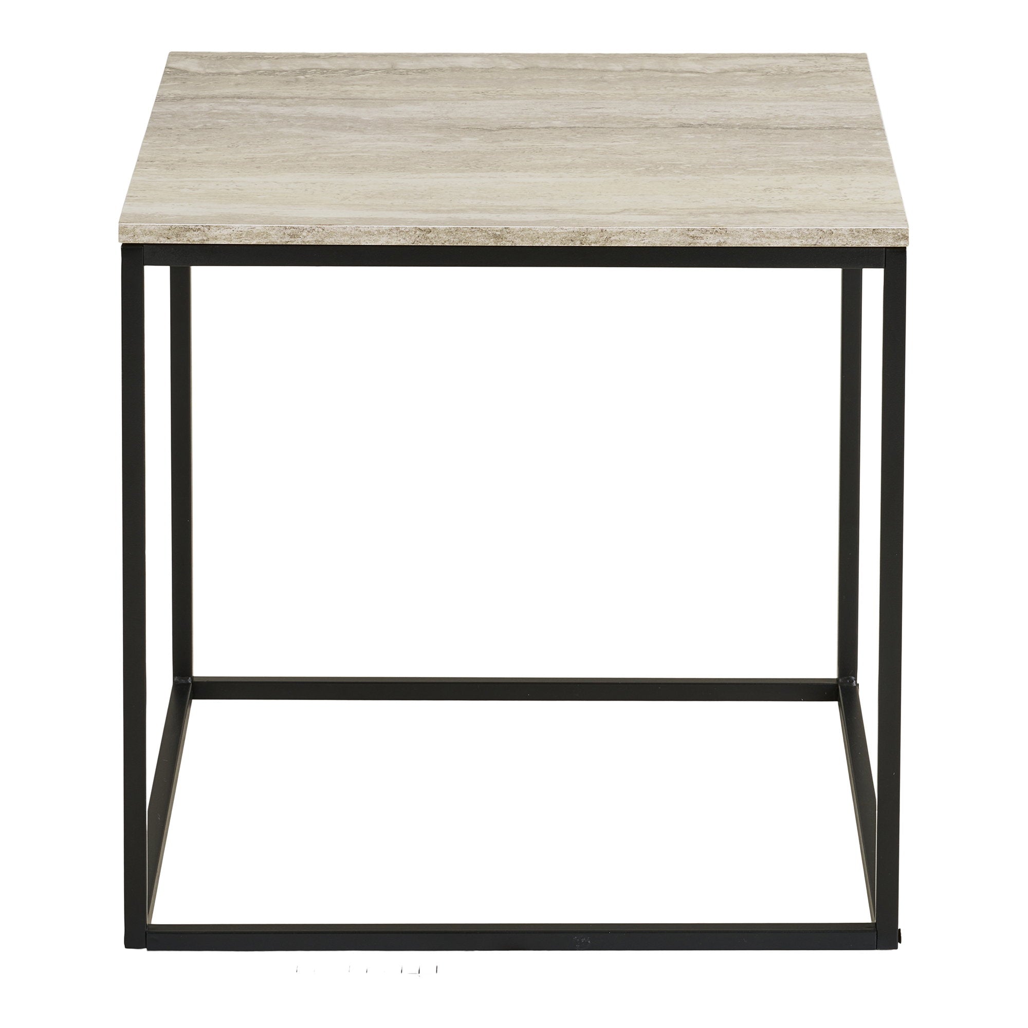 Table d'appoint Vita effet travertin cadre acier noir mat vue de face