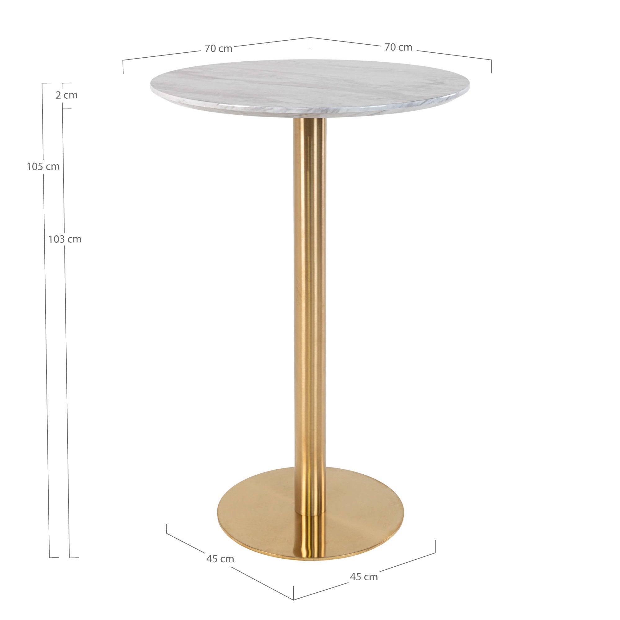 Schéma dimensions table de bar Bolzano ø70 hauteur 105 cm base ø45 cm