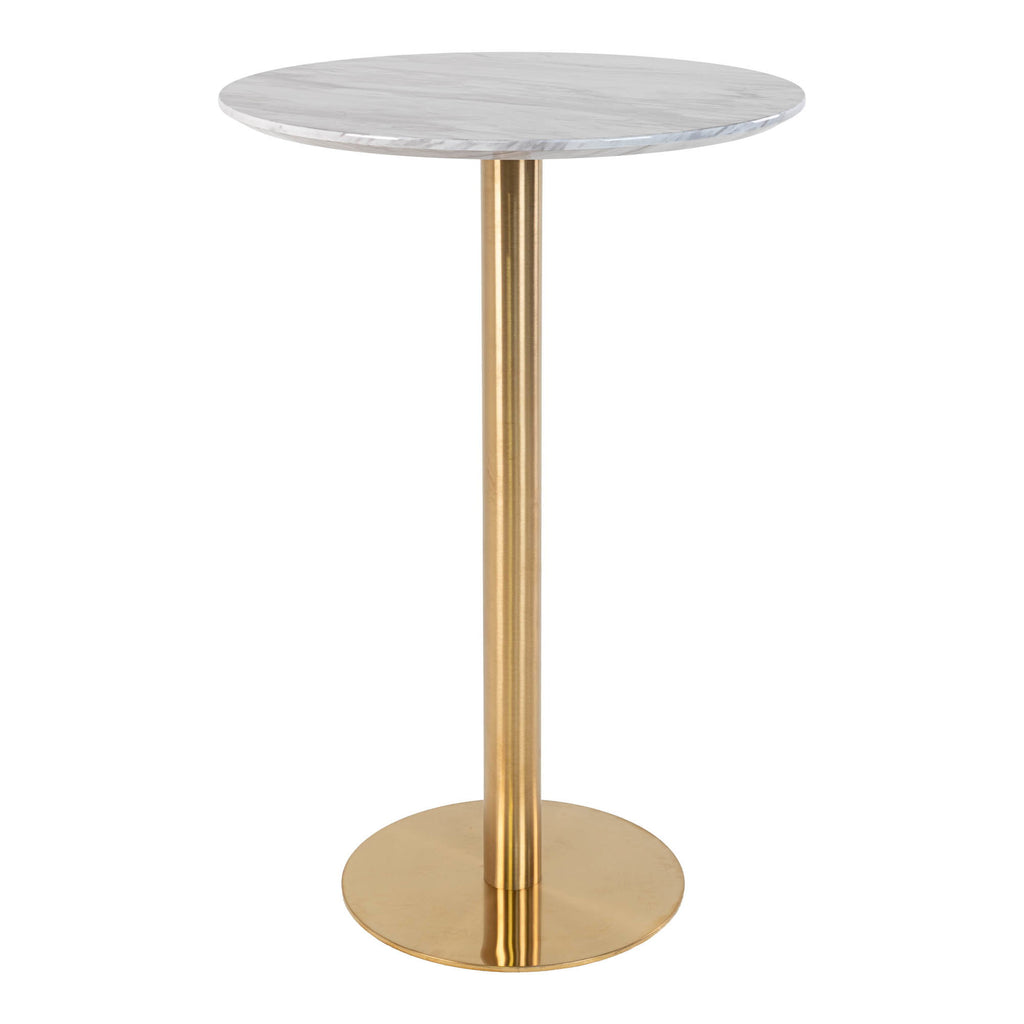 Table de bar Bolzano plateau effet marbre blanc pied laiton doré ø70 cm vue d'ensemble