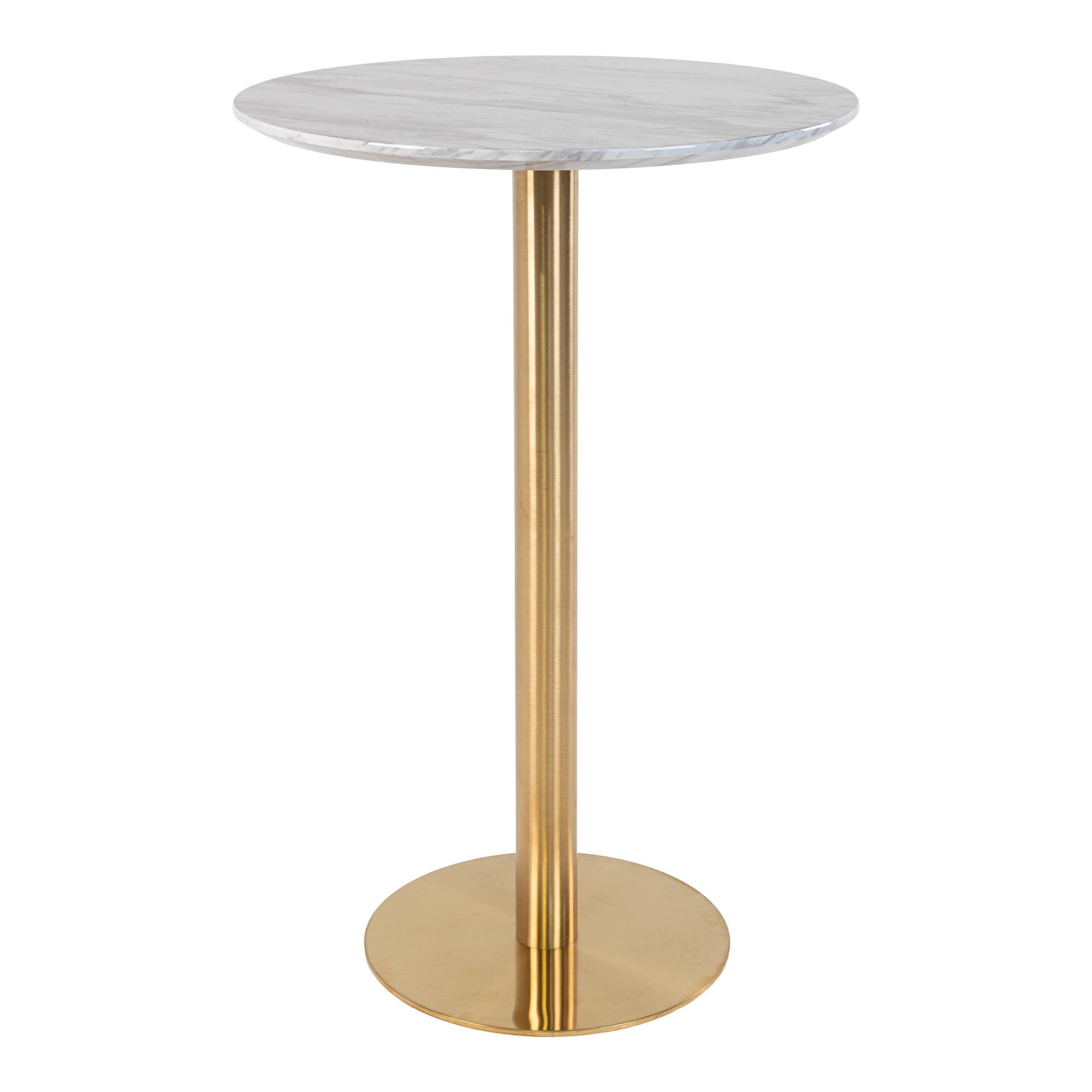 Table de bar Bolzano plateau effet marbre blanc pied laiton doré ø70 cm vue d'ensemble
