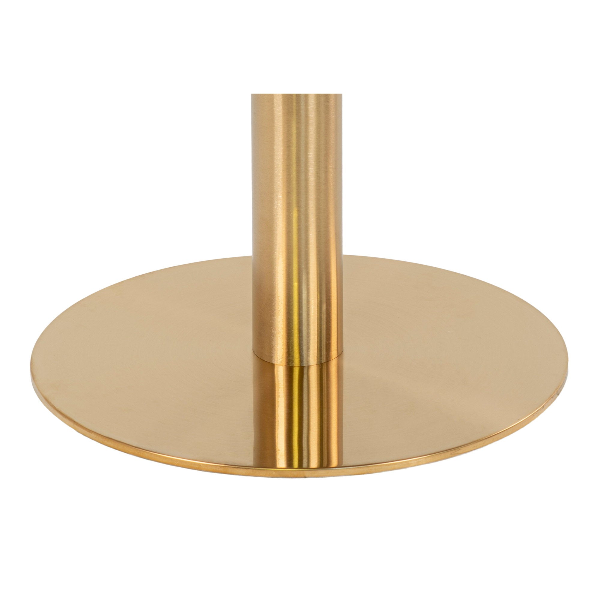 Détail base ronde et colonne laiton brossé table de bar Bolzano acier doré