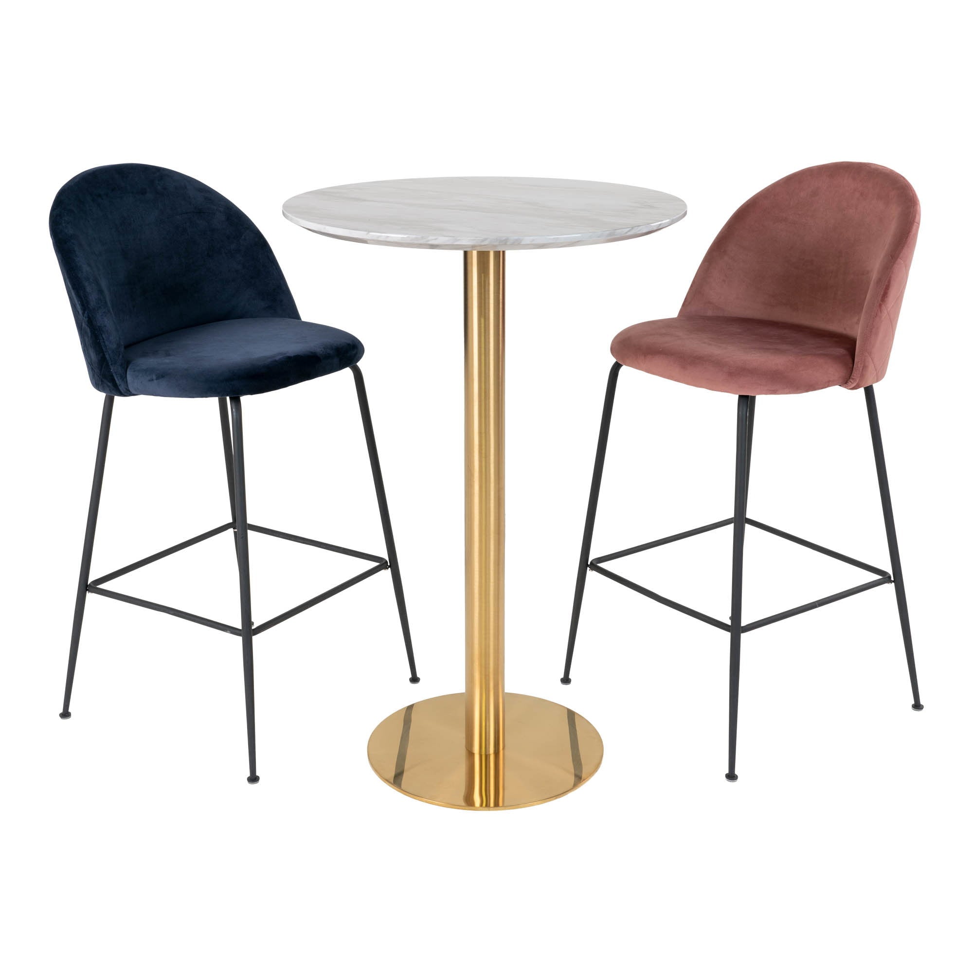 Table de bar Bolzano marbre laiton avec tabourets velours bleu marine et rose vue ensemble