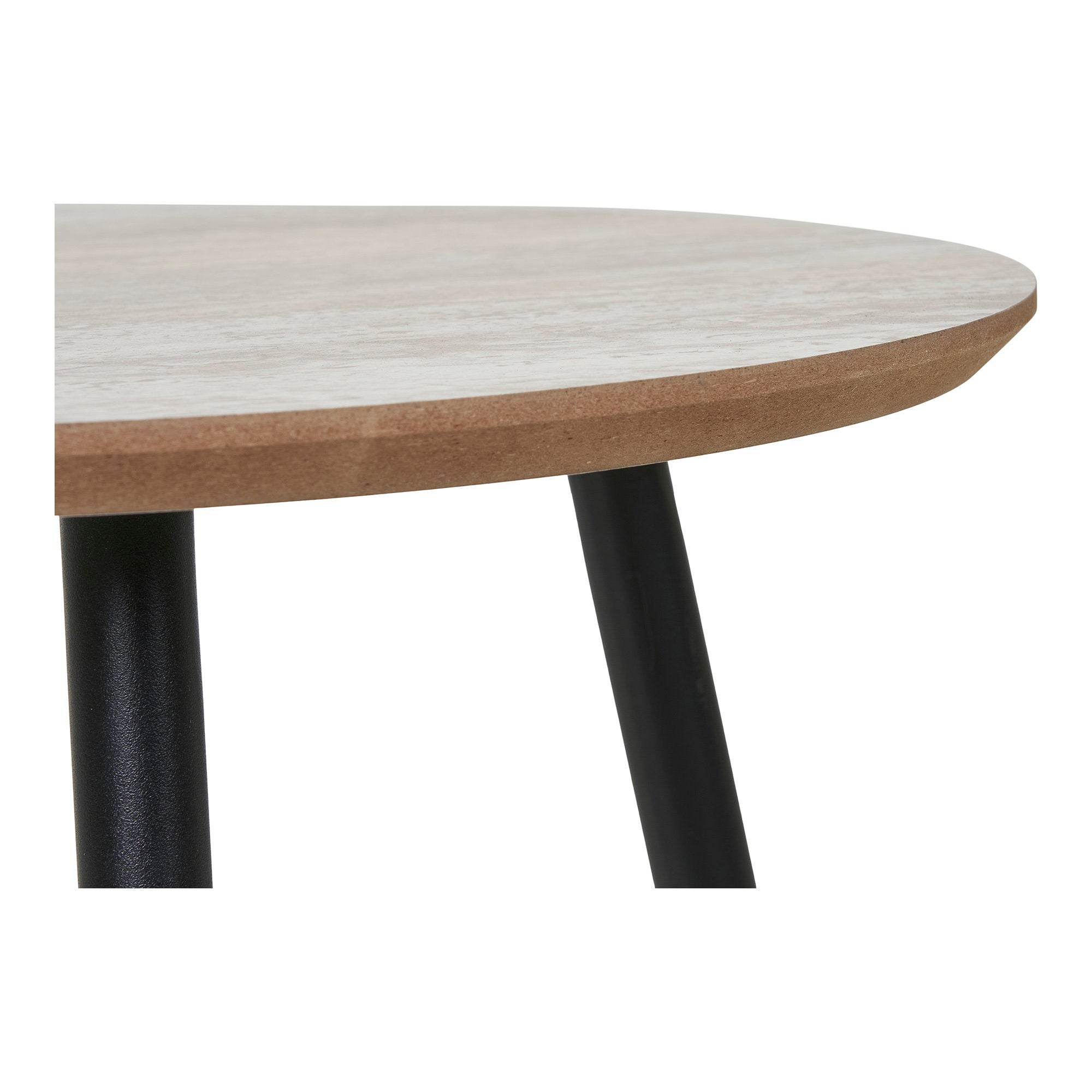 Table basse Aalst détail jonction plateau travertin MDF et pied métal noir mat