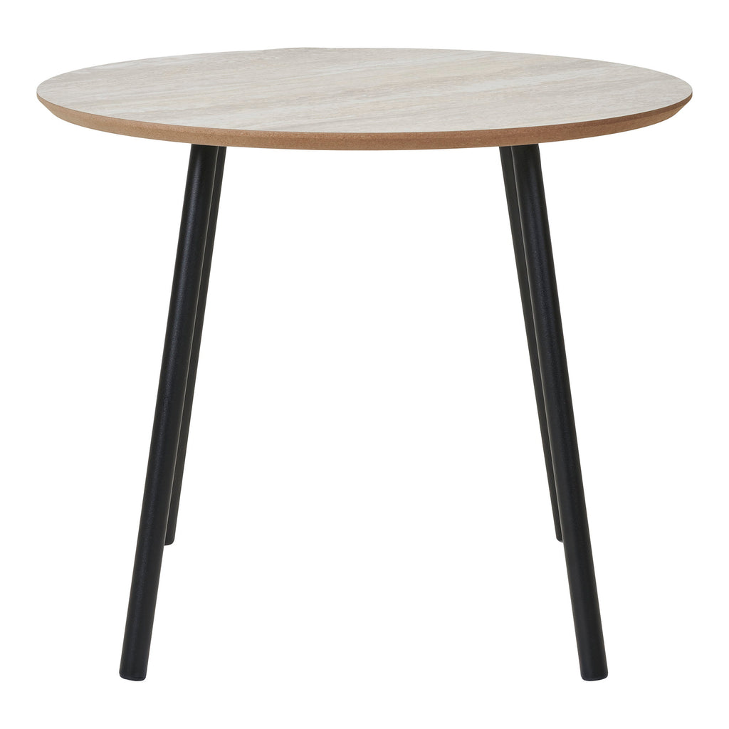 Table basse Aalst travertin beige vue dessous détail pieds métal noir tripode inclinés