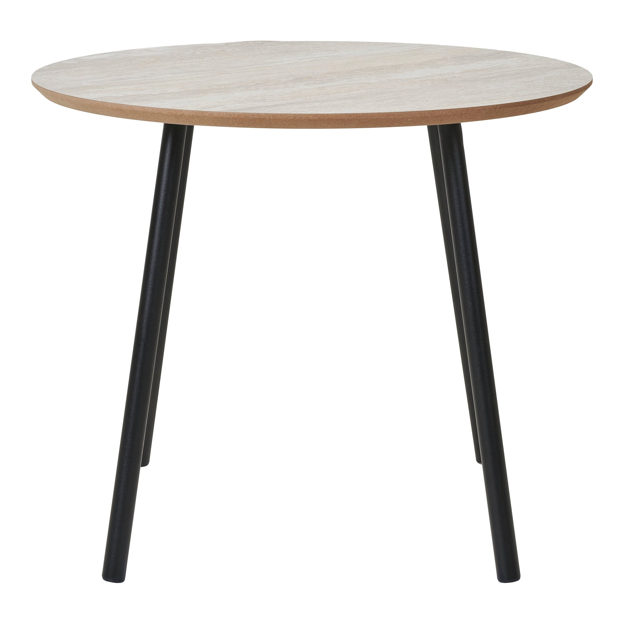 Table basse Aalst travertin beige vue dessous détail pieds métal noir tripode inclinés