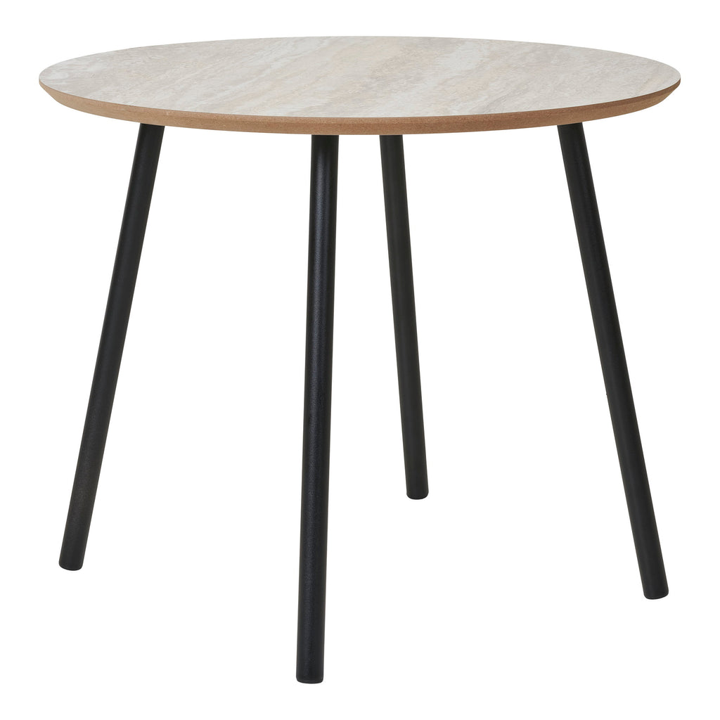 Table basse ronde Aalst effet travertin beige ø55x45 cm pieds métal noir vue de face
